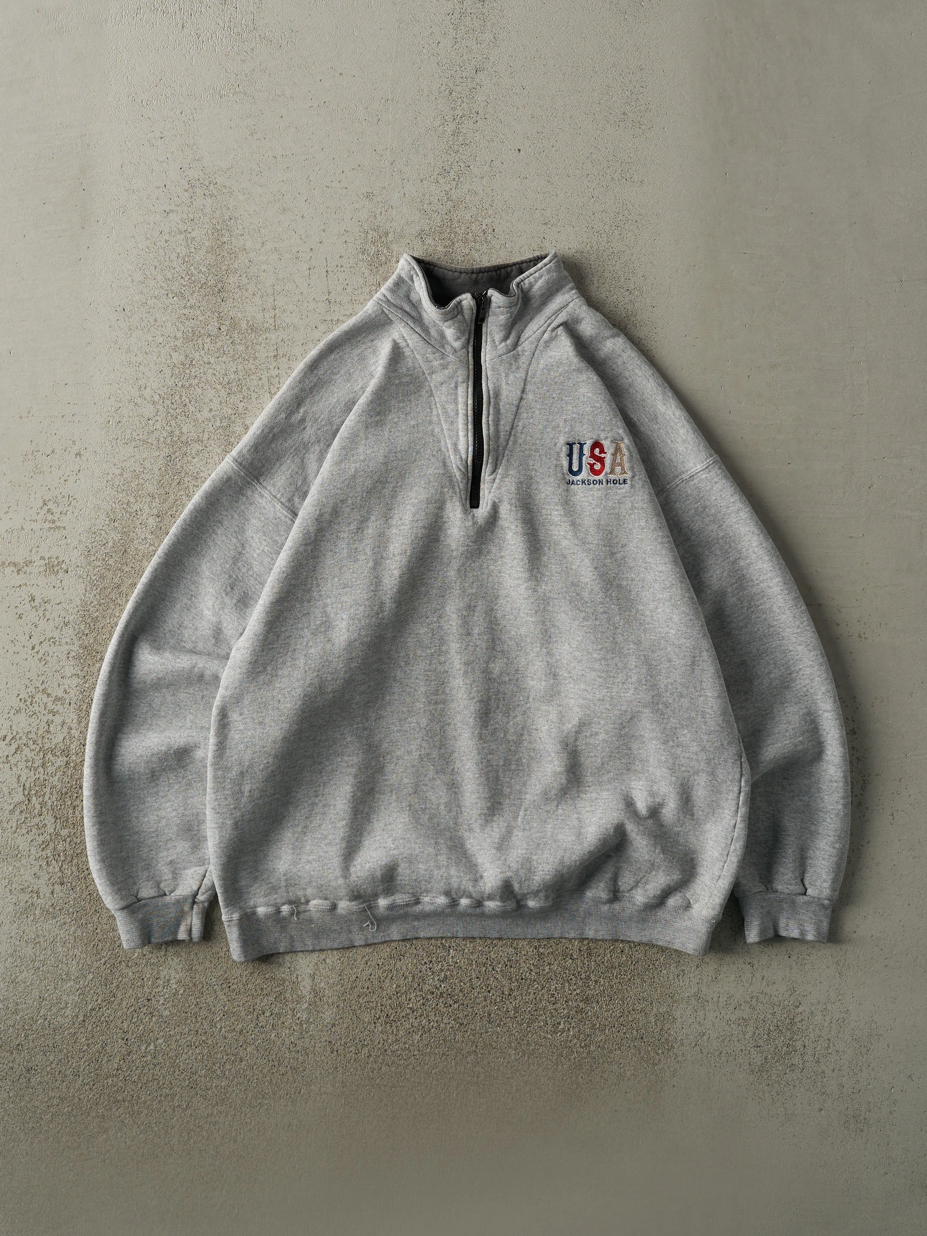 Vintage 90s Grey Embroidered Jackson Hole Quarter Zip (L) sold by Rebalance Vintage