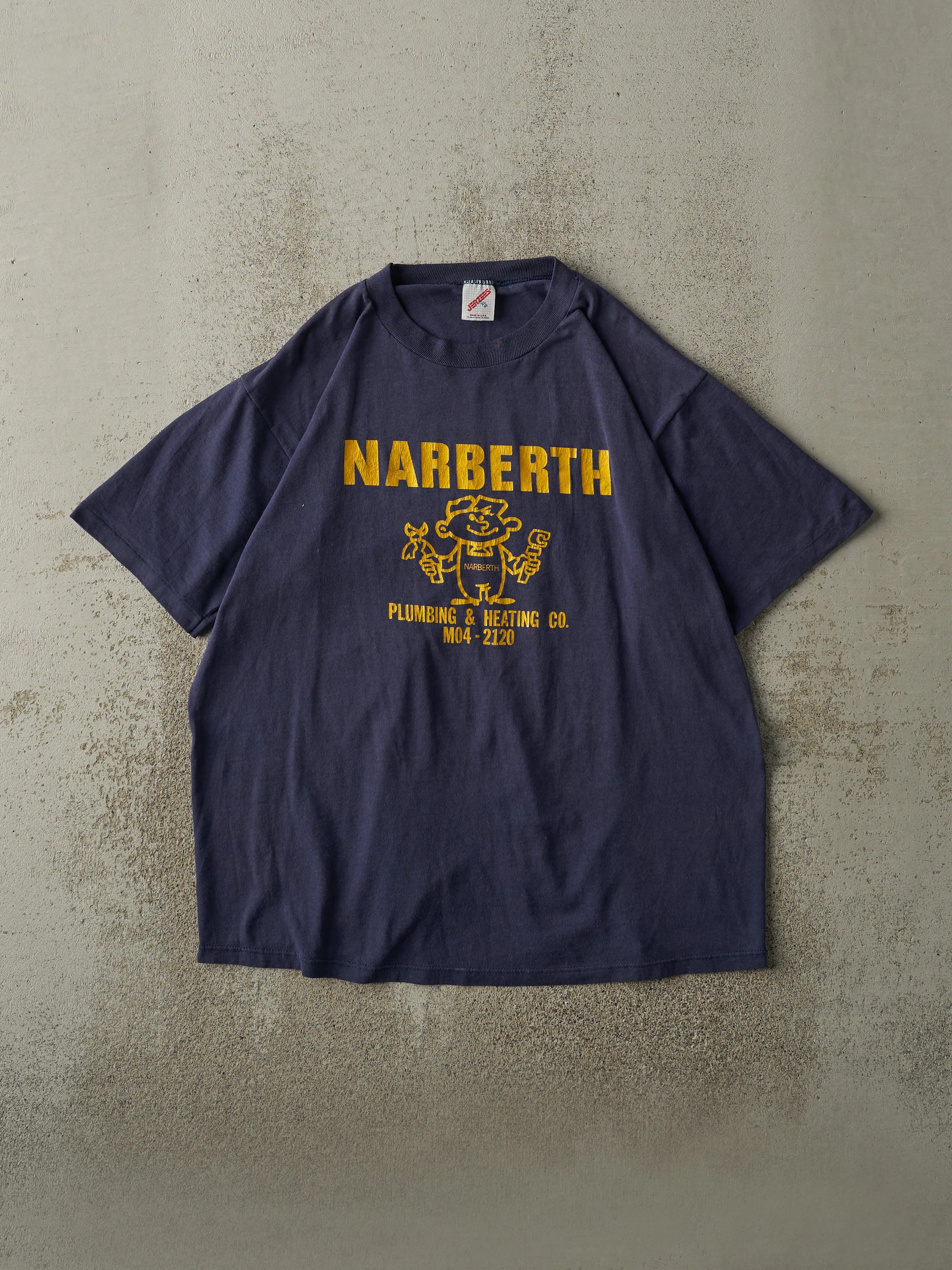 Vintage 80s Navy Blue Narberth Plumbing Single Stitch Tee (L) sold by Rebalance Vintage