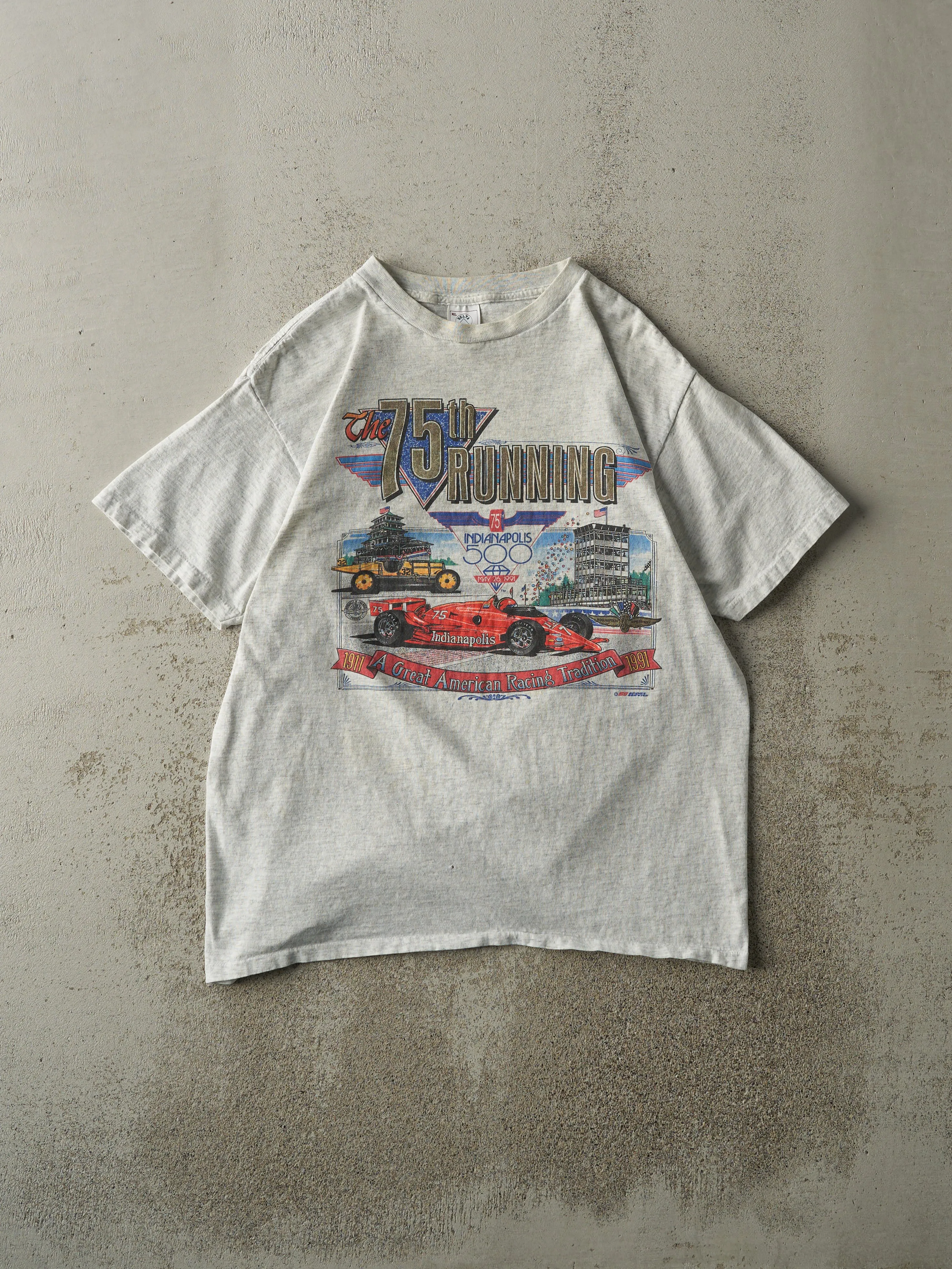 Vintage 91' Heather Grey 75th Indianapolis 500 Racing Tee (M) sold by Rebalance Vintage