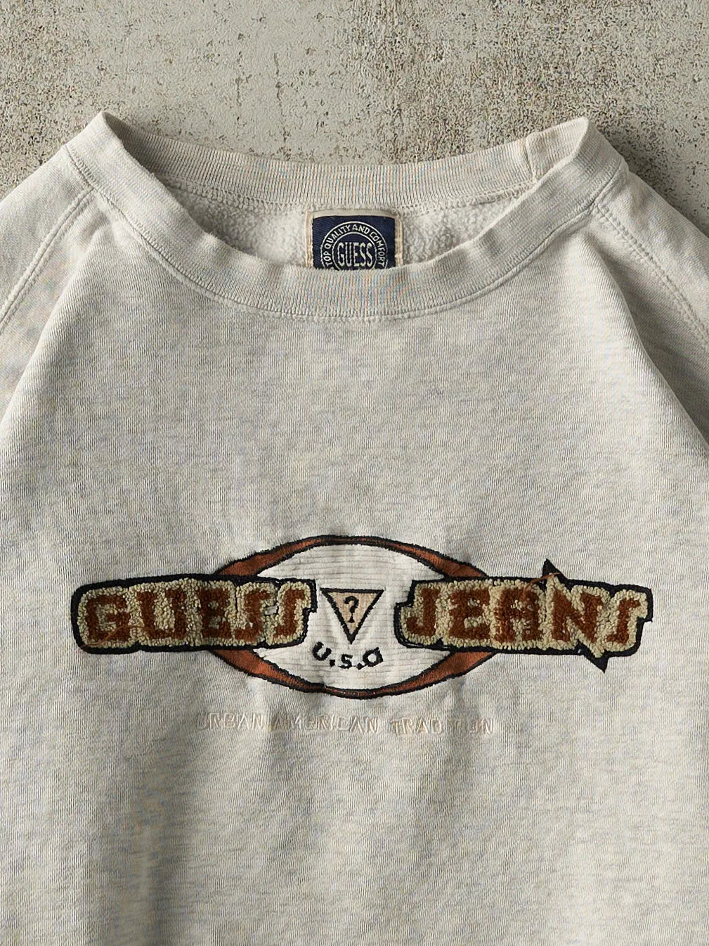 Vintage 90s Heather Grey Guess Jeans Embroidered Boxy Crewneck (L) sold by Rebalance Vintage product image thumbnail 3