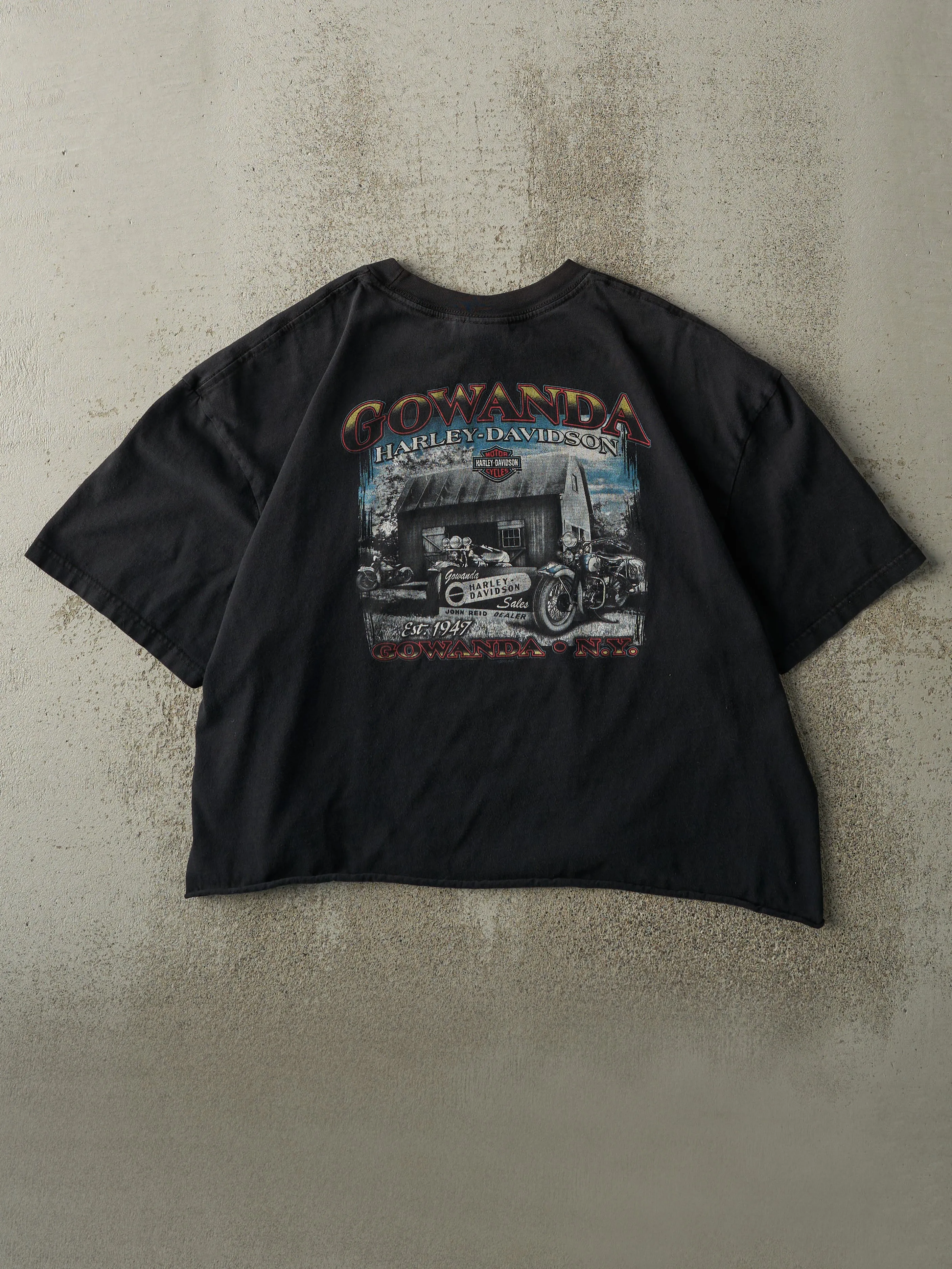 Vintage 11' Black Gowanda New York Harley Davidson Cropped Boxy Tee (M) sold by Rebalance Vintage