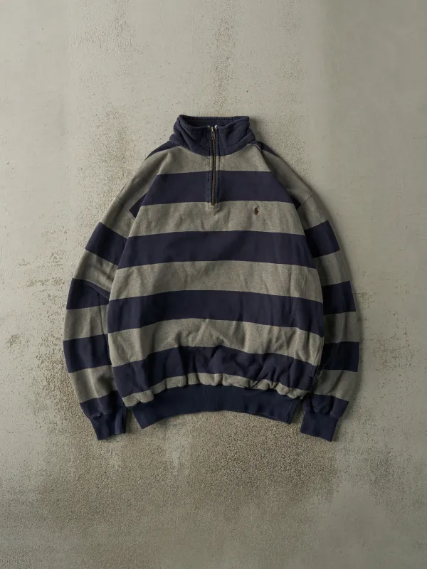 Vintage 90s Navy & Grey Striped Polo Quarter Zip Sweatshirt (L) sold by Rebalance Vintage