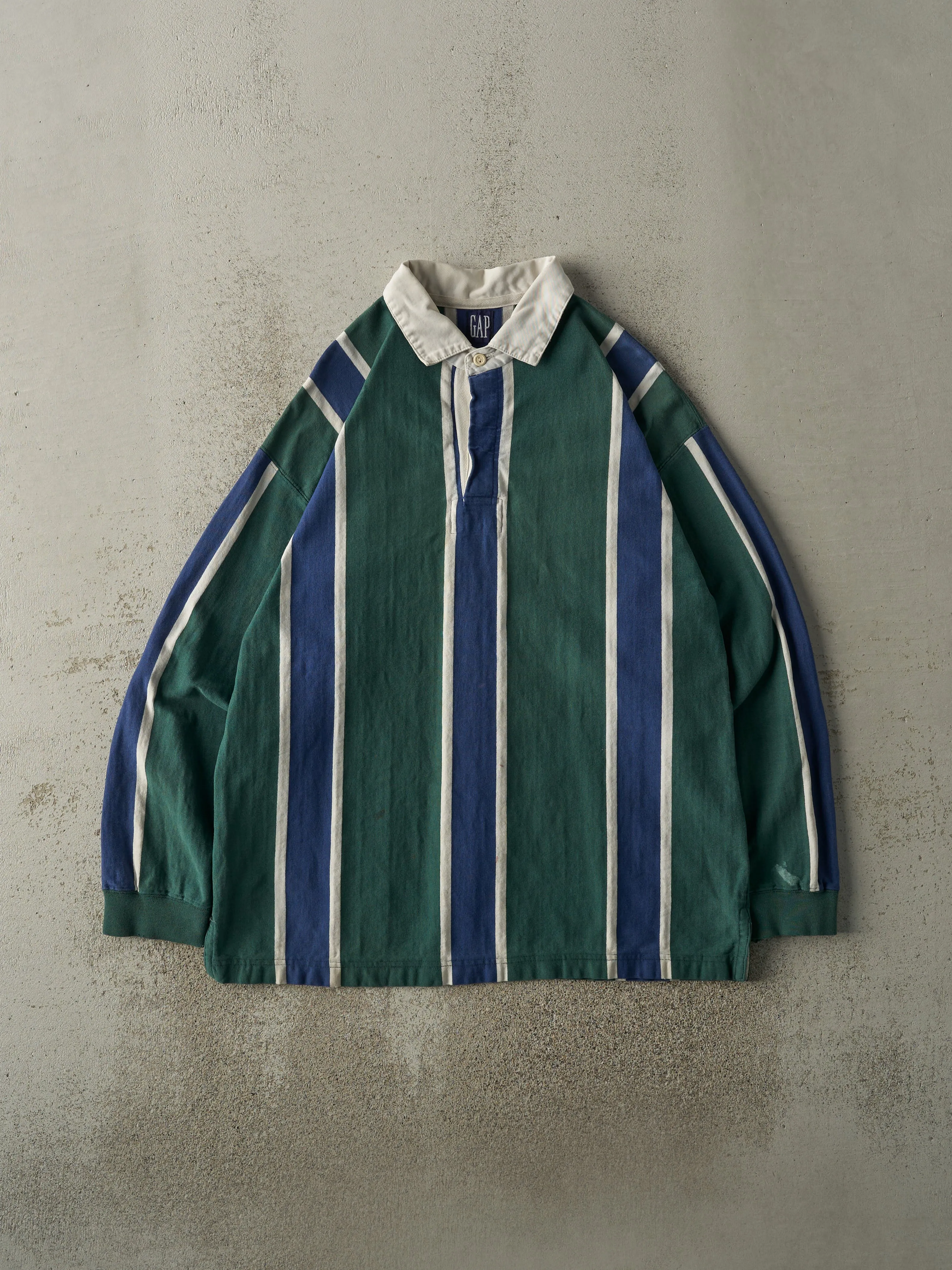 Vintage 90s Green & Navy Striped Gap Quarter Button Rugby Shirt (L/XL) sold by Rebalance Vintage