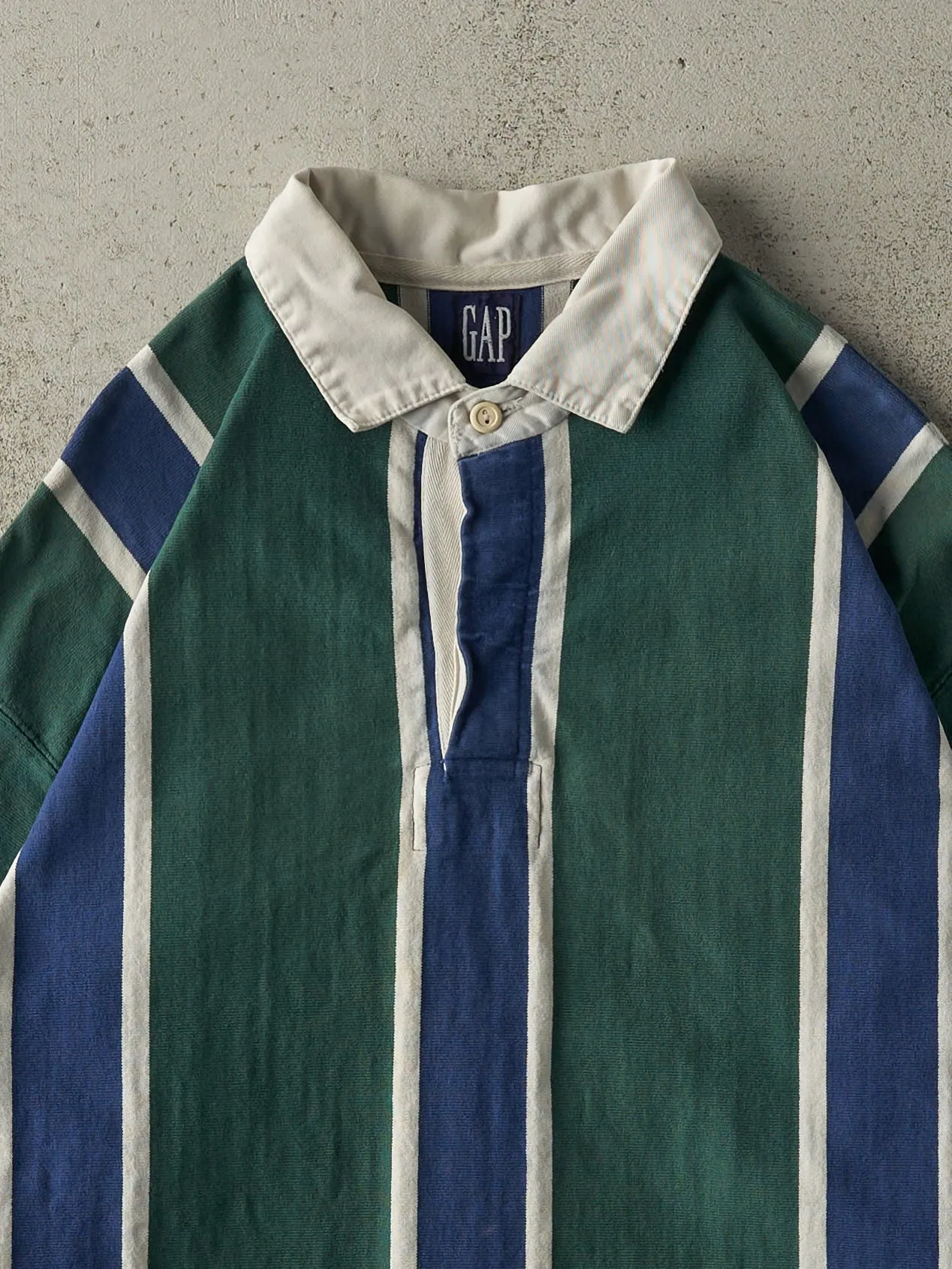 Vintage 90s Green & Navy Striped Gap Quarter Button Rugby Shirt (L/XL) sold by Rebalance Vintage product image thumbnail 2