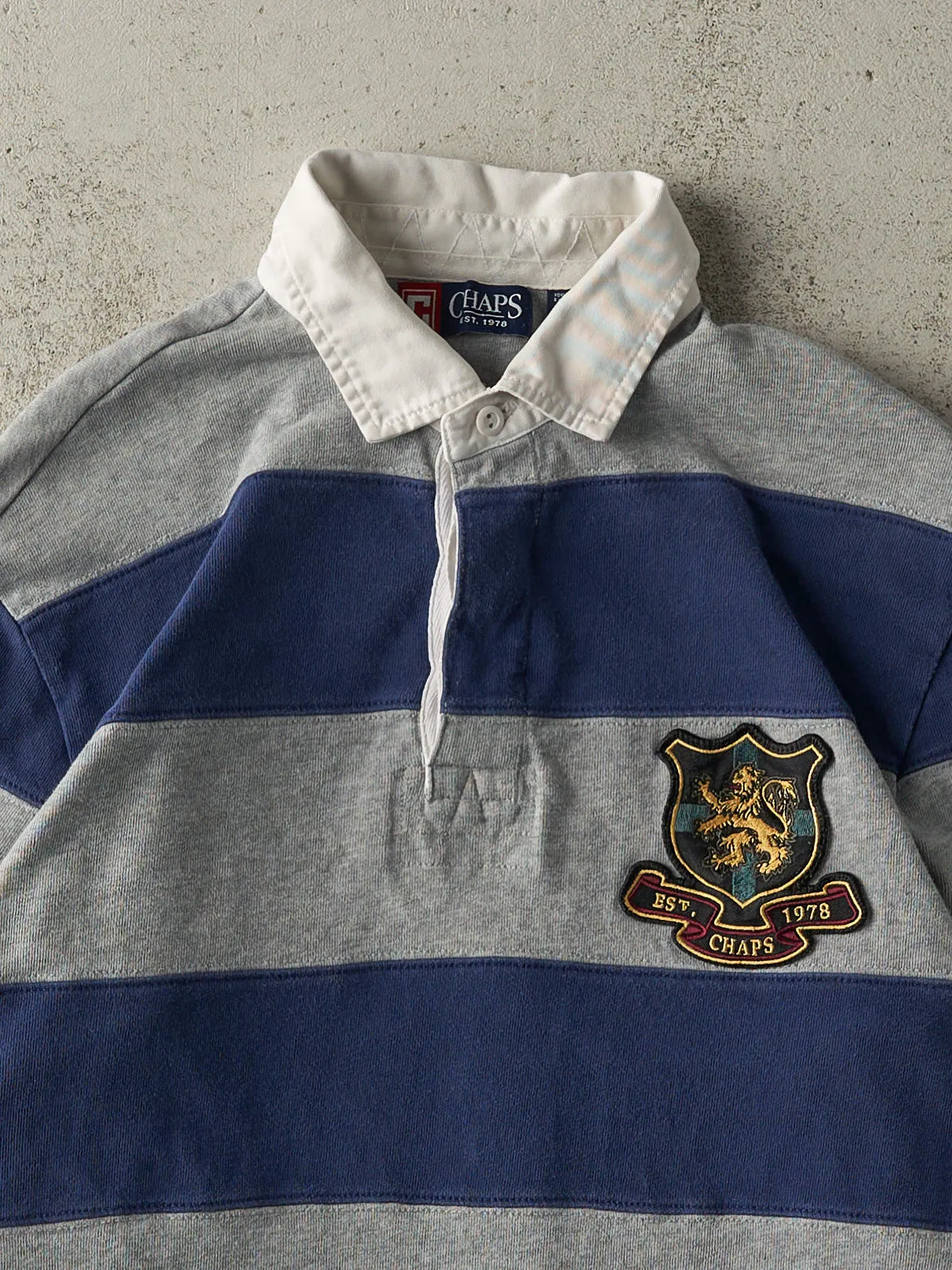 Vintage Y2K Grey & Navy Chaps Embroidered Quarter Button Rugby Shirt (M/L) sold by Rebalance Vintage product image thumbnail 2