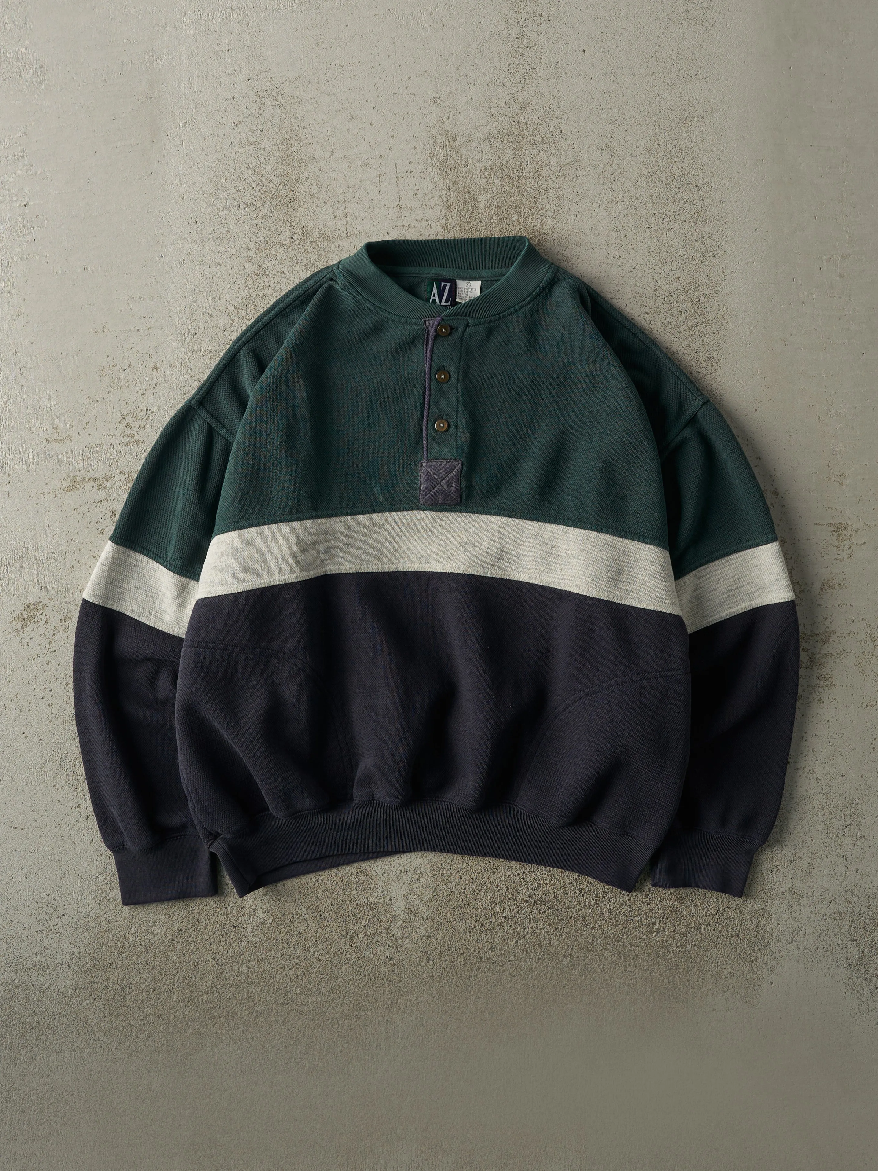 Vintage 90s Green, Grey & Navy Quarter Button Boxy Pullover (L/XL) sold by Rebalance Vintage