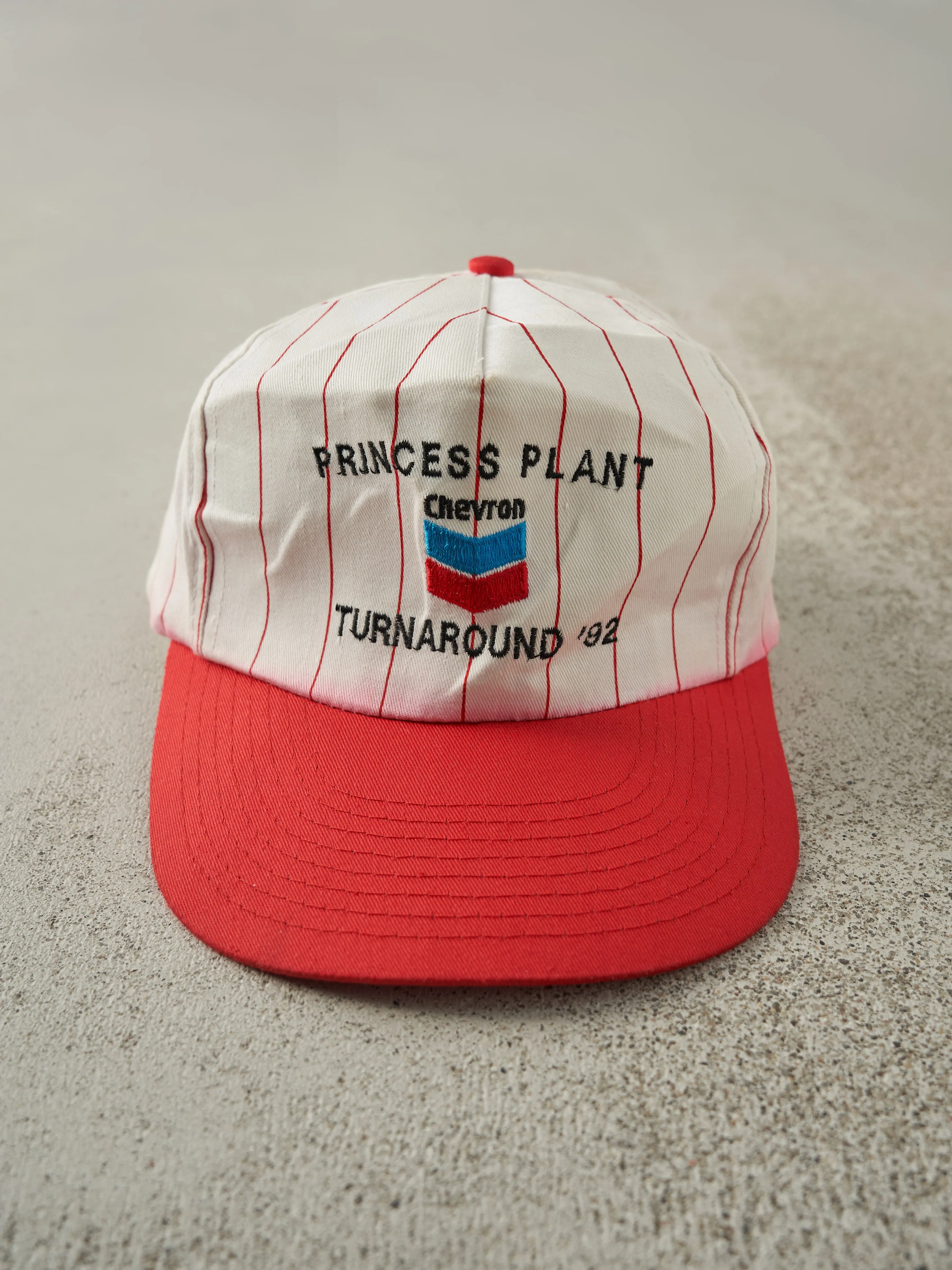 Vintage 92' Red & White Pinstripe Princess Plant Turnaround Embroidered Snapback sold by Rebalance Vintage