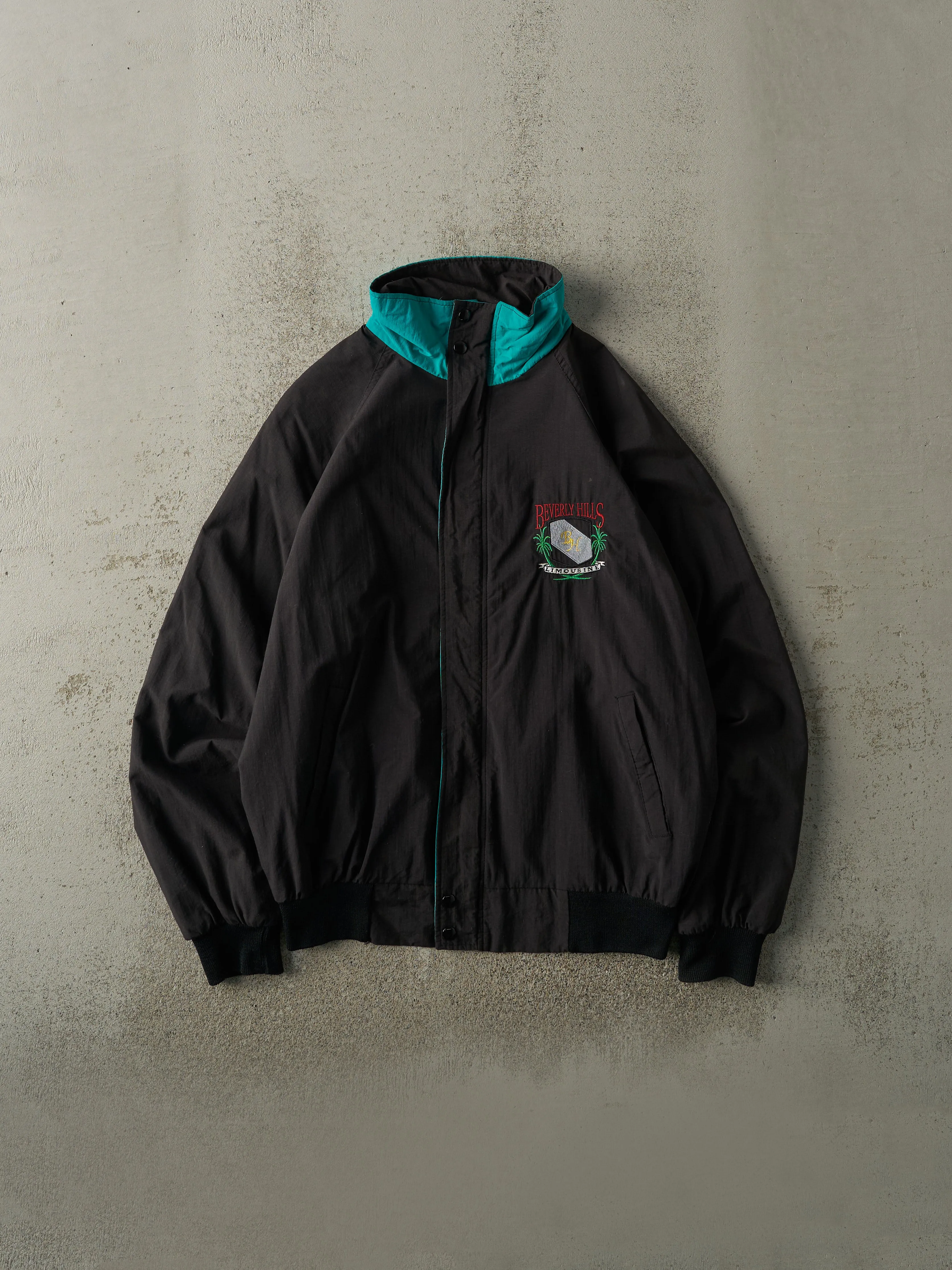 Vintage 80s Black Beverly Hills Limousine Embroidered Windbreaker Jacket (L/XL) sold by Rebalance Vintage