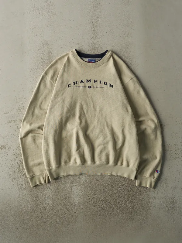 Vintage 90s Beige Champion Double Neck Embroidered Crewneck (M/L) sold by Rebalance Vintage