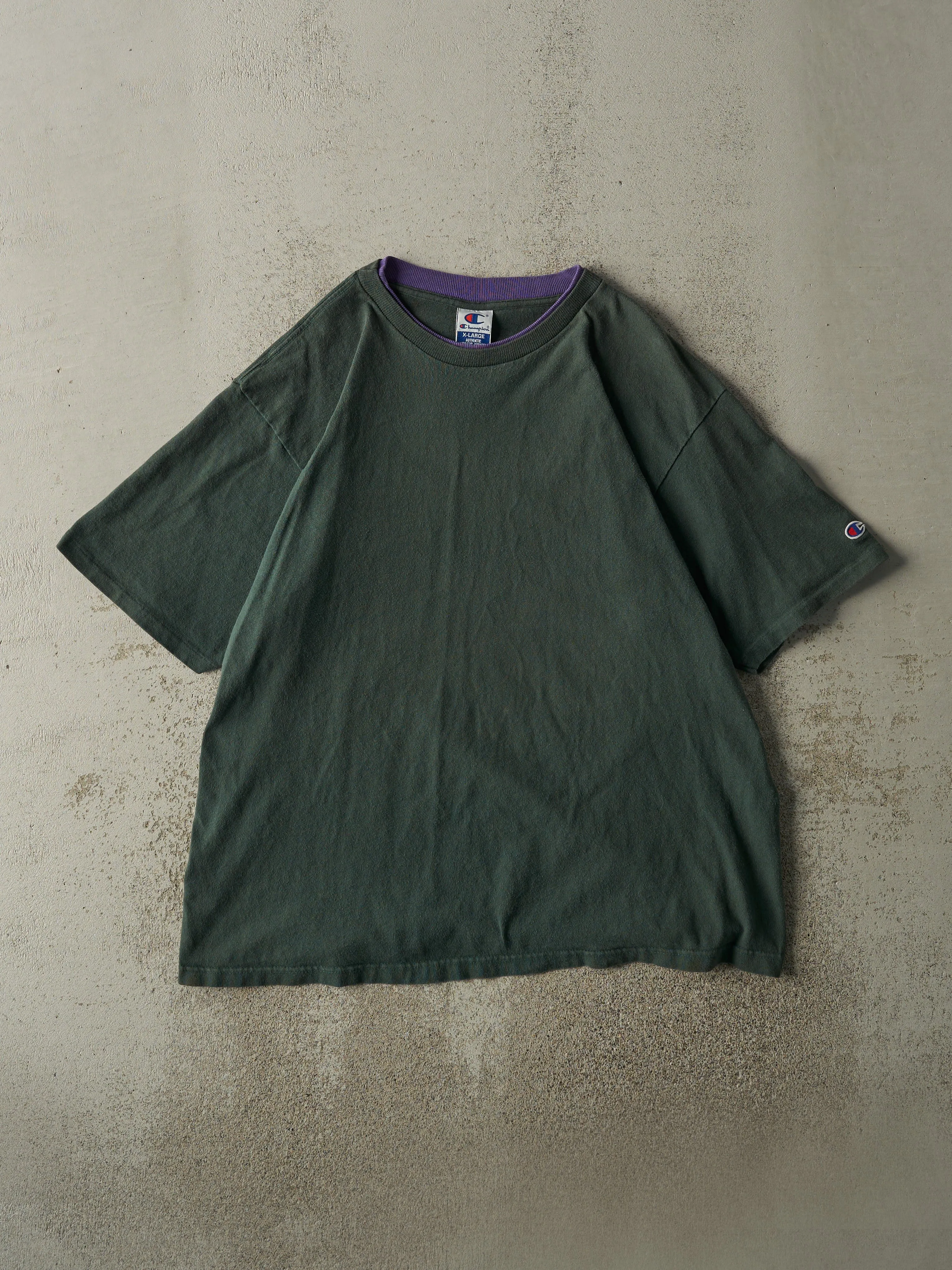 Vintage 90s Green Double Neck Champion Blank Tee (XL) sold by Rebalance Vintage