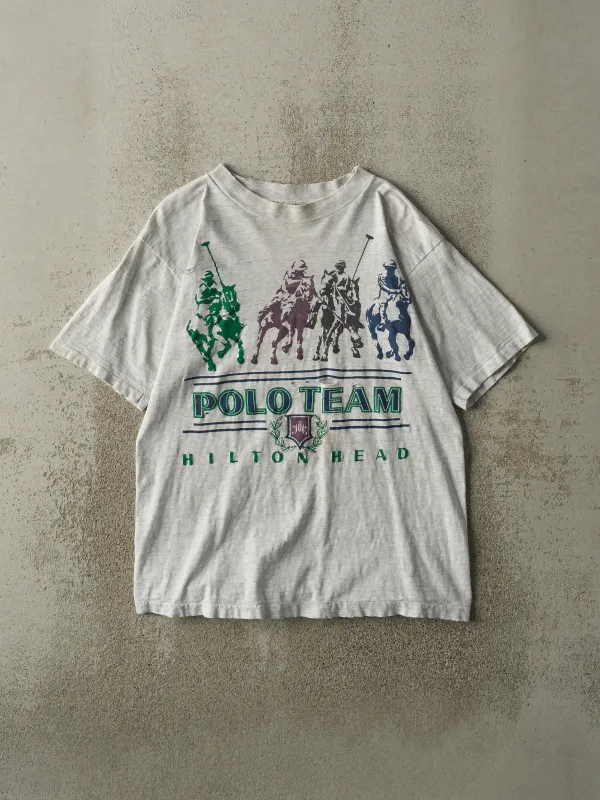 Vintage 80s Heather Grey Polo Team Single Stitch Tee (S/M) sold by Rebalance Vintage