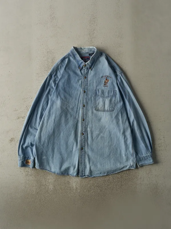 Vintage 90s Light Wash Embroidered Cowboy Denim Button Up (XL/XXL) sold by Rebalance Vintage