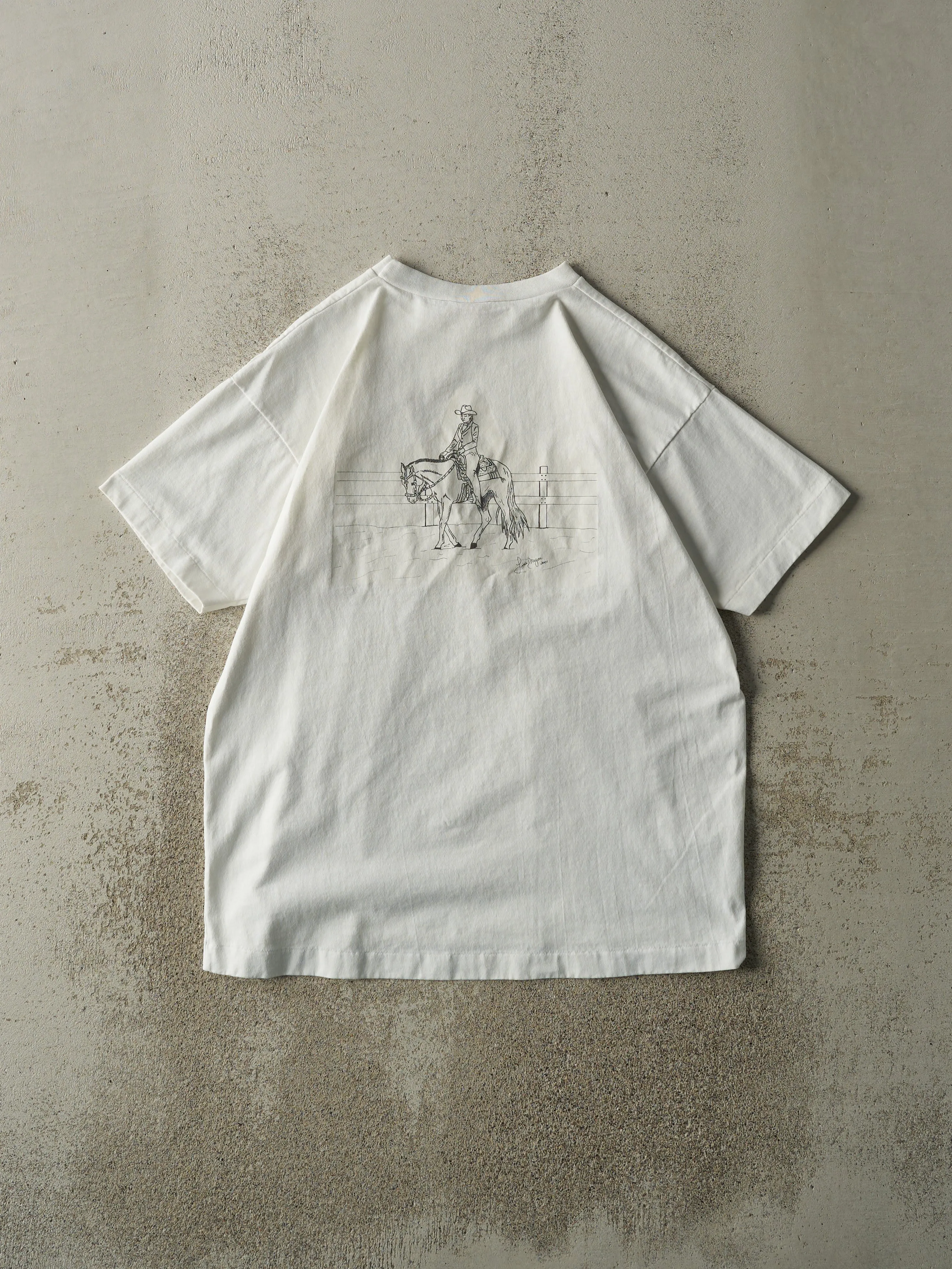 Vintage 01' White Horseback Riding Single Stitch Tee (M/L) sold by Rebalance Vintage