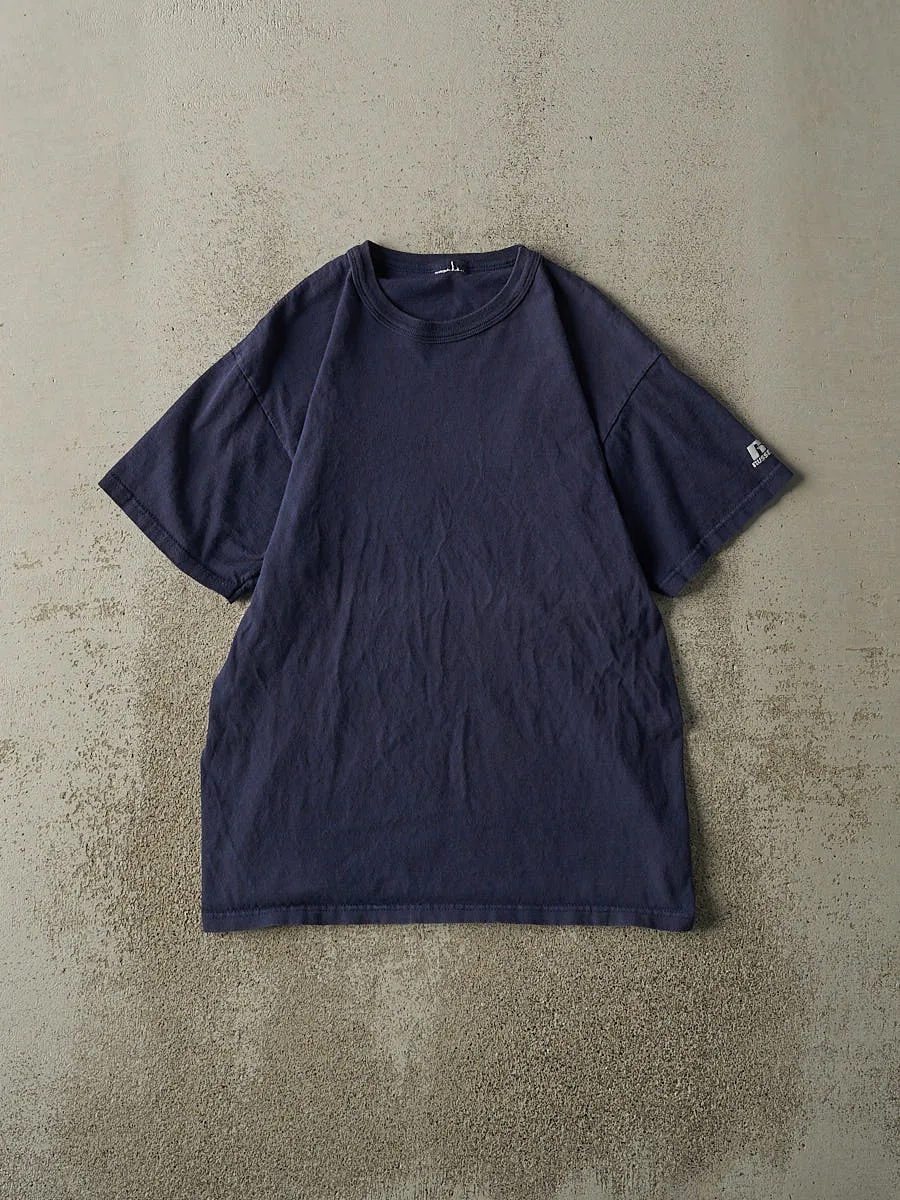 Vintage Y2K Navy Blue Russell Athletic Blank Tee (S/M) sold by Rebalance Vintage