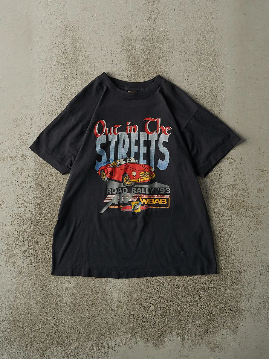 Vintage 93' Black "Out in the Streets" Road Rally Single Stitch Tee (S/M) sold by Rebalance Vintage