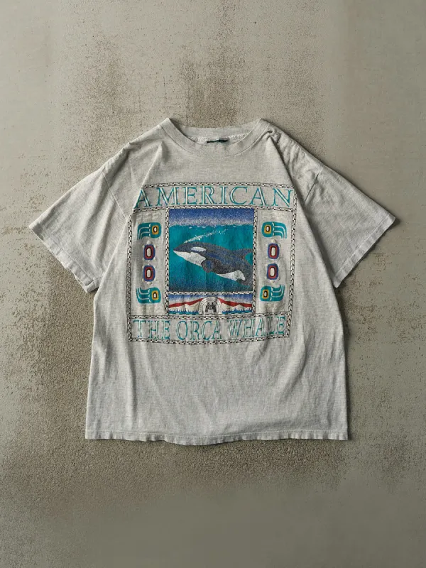 Vintage 90s Heather Grey The Orca Whale Tee (M) sold by Rebalance Vintage