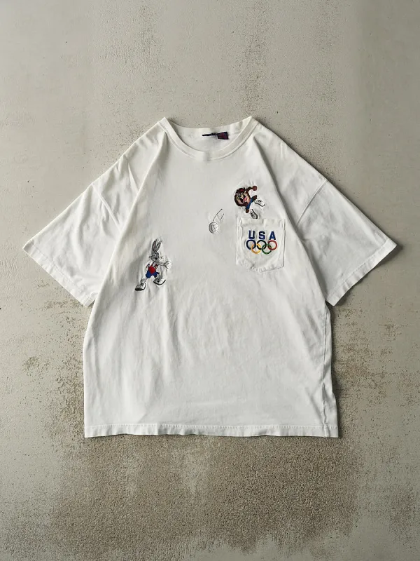 Vintage 90s White USA Olympics x Looney Tunes Embroidered Pocket Tee (XL/XXL) made by Rebalance Vintage