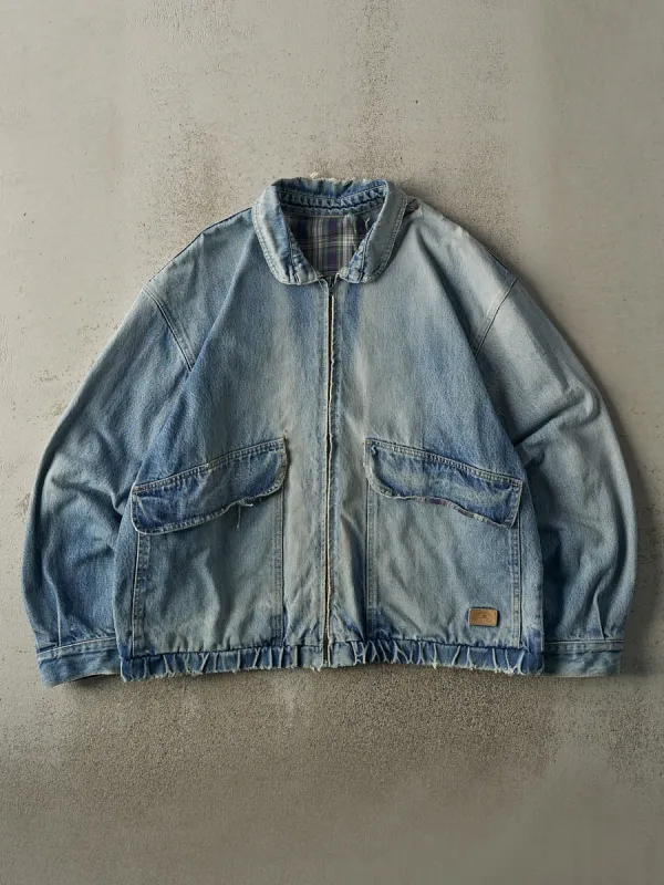 Vintage 90s Light Wash Flannel Lined Zip Up Denim Work Jacket (XL) sold by Rebalance Vintage