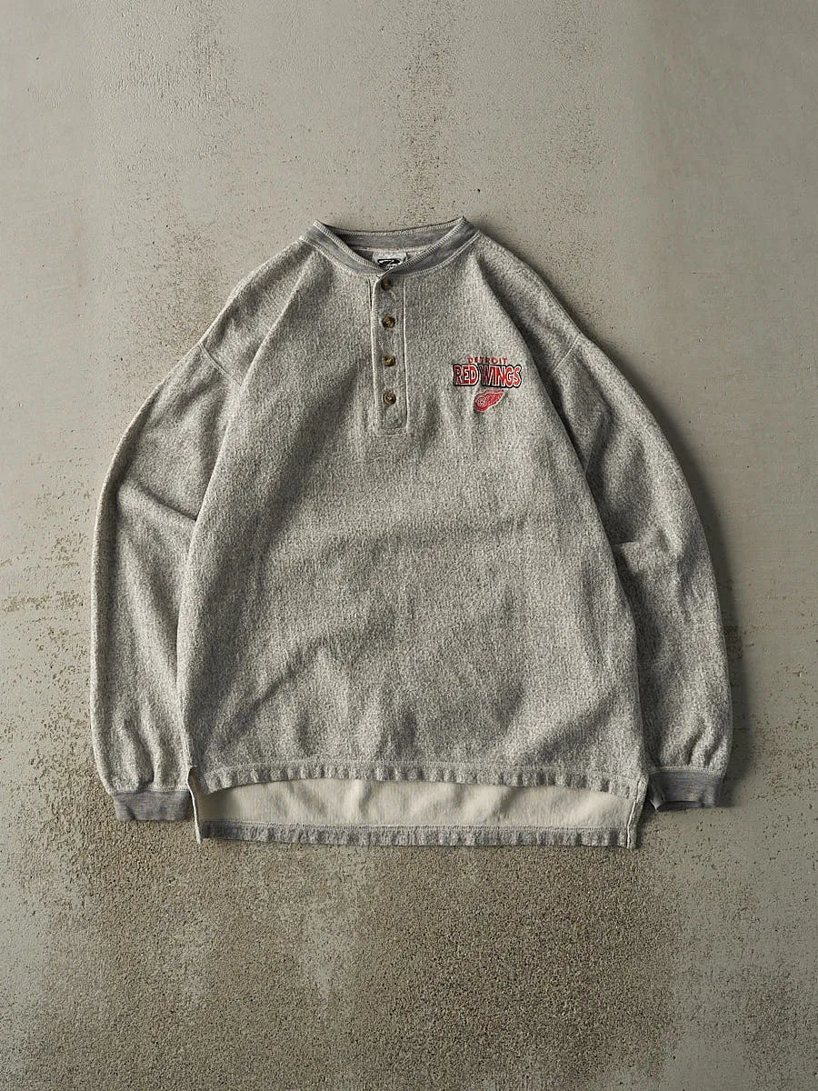 Vintage 90s Heather Grey Detroit Red Wings Embroidered Quarter Button Long Sleeve (L) sold by Rebalance Vintage