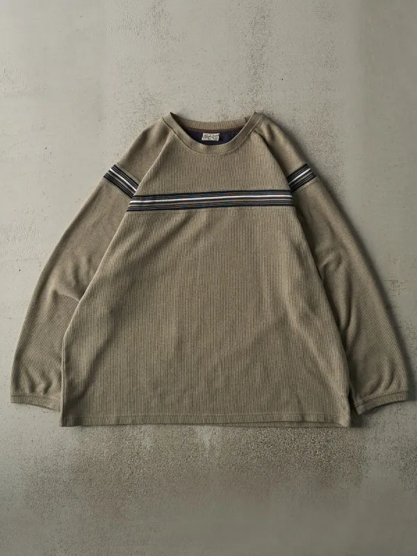 Vintage Y2K Beige Striped Thermal Long Sleeve (XXL) sold by Rebalance Vintage