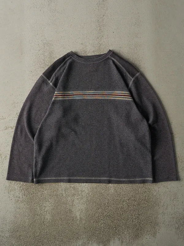Vintage Y2K Grey Striped Thermal Long Sleeve (L) sold by Rebalance Vintage