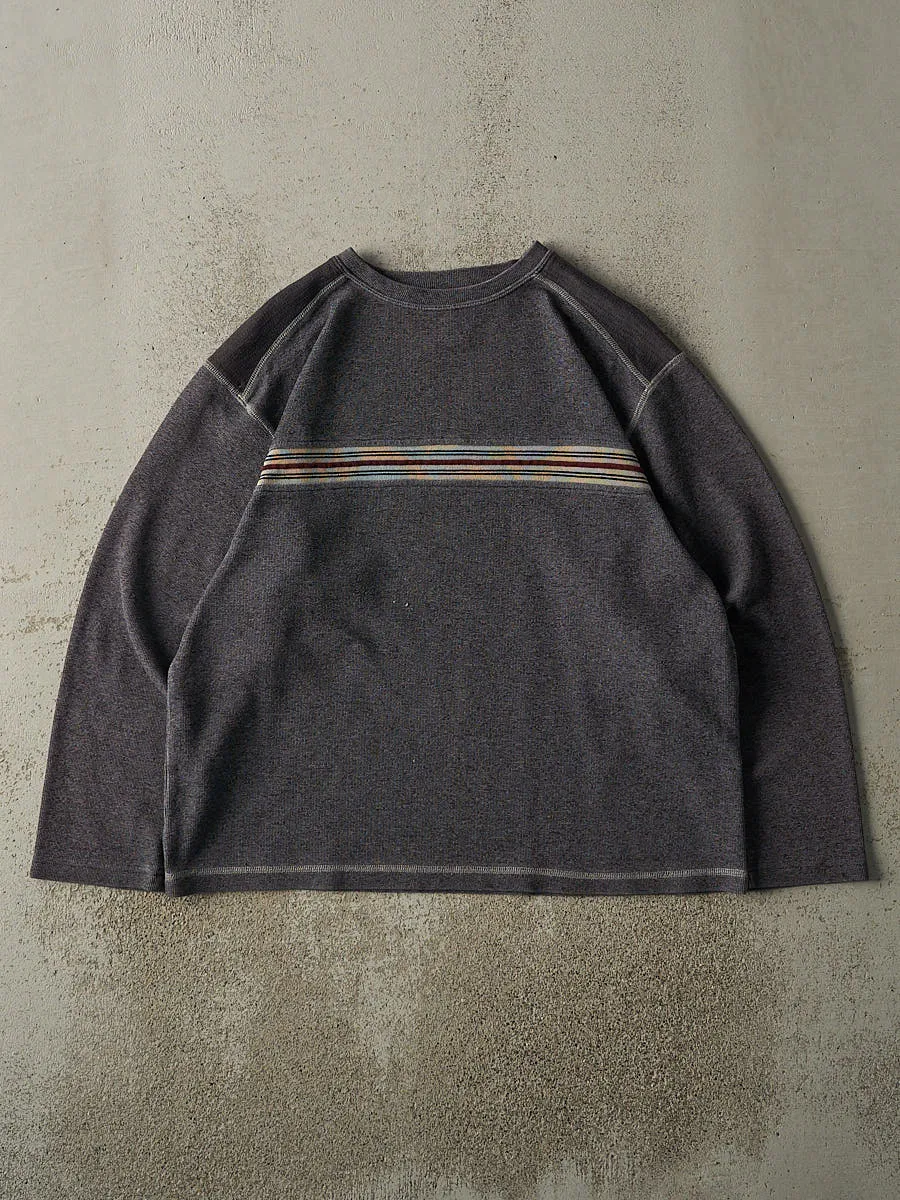 Vintage Y2K Grey Striped Thermal Long Sleeve (L) sold by Rebalance Vintage