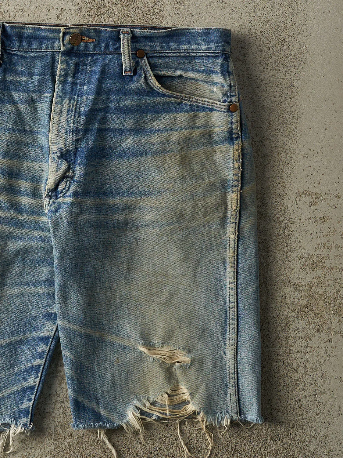 Vintage 90s Mid Wash Faded Wrangler Cut Off Jean Shorts (34x10) sold by Rebalance Vintage product image thumbnail 4
