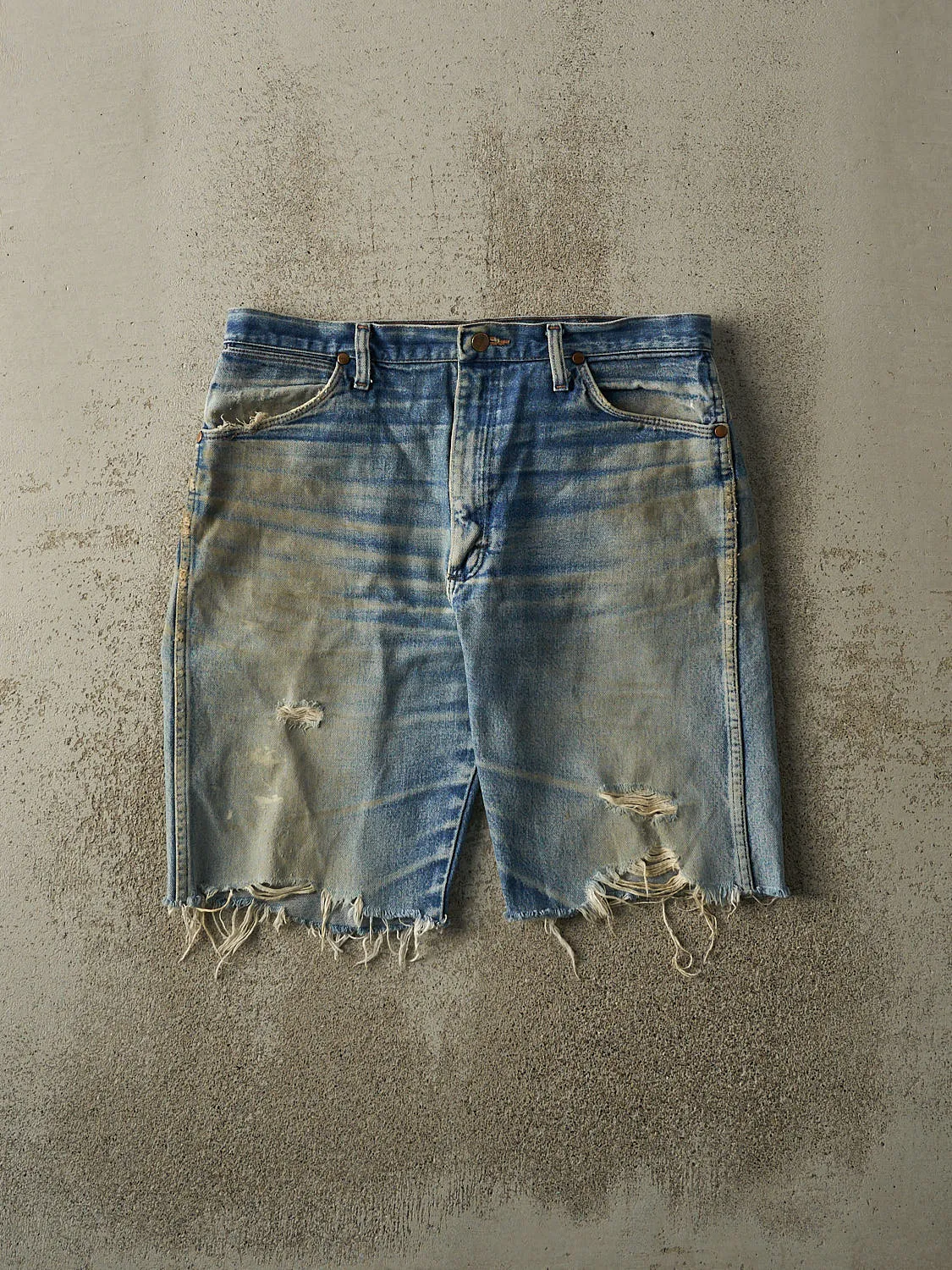 Vintage 90s Mid Wash Faded Wrangler Cut Off Jean Shorts (34x10) sold by Rebalance Vintage