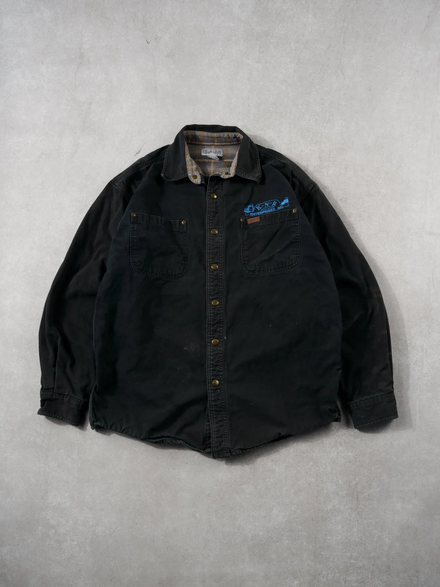 Vintage 90s Black Carhartt Denim Lined Collared Button Up (M) sold by Rebalance Vintage