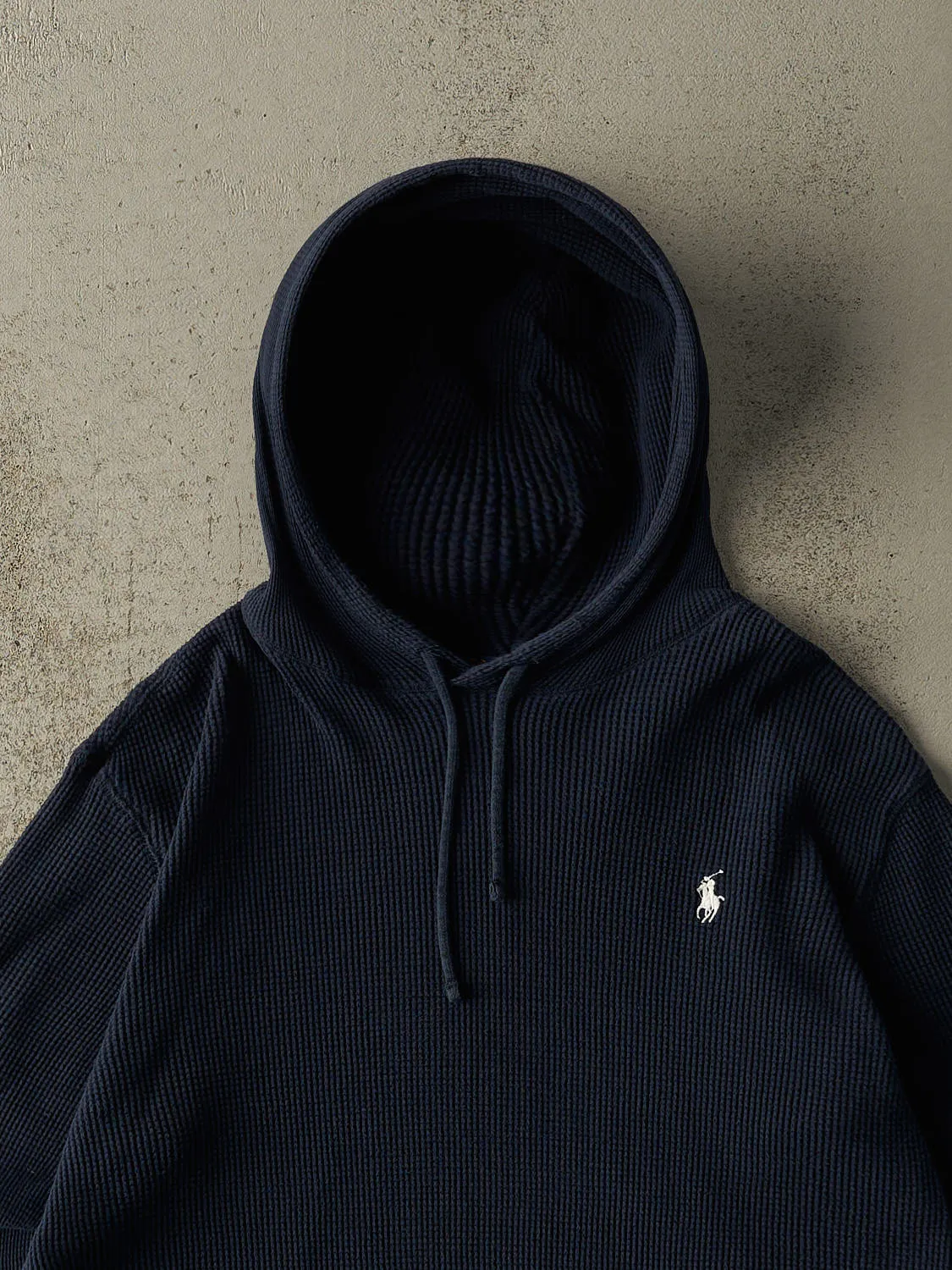 Vintage Y2K Navy Blue Polo Ralph Lauren Lightweight Thermal Hoodie (M) sold by Rebalance Vintage product image thumbnail 2