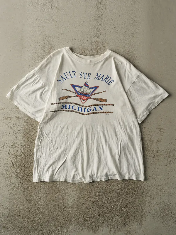 Vintage 90s White Sault Ste. Marie Michigan Single Stitch Tee (L) sold by Rebalance Vintage