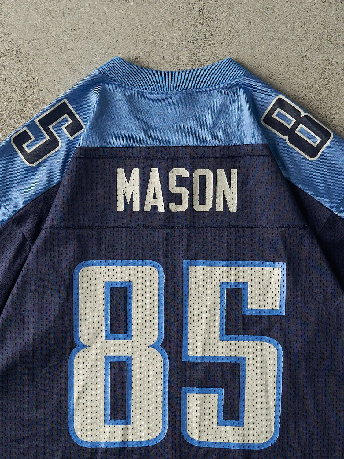 Vintage 90s Navy Tennessee Titans Derrick Mason #85 Signed Cropped Football Jersey (L) sold by Rebalance Vintage product image thumbnail 4