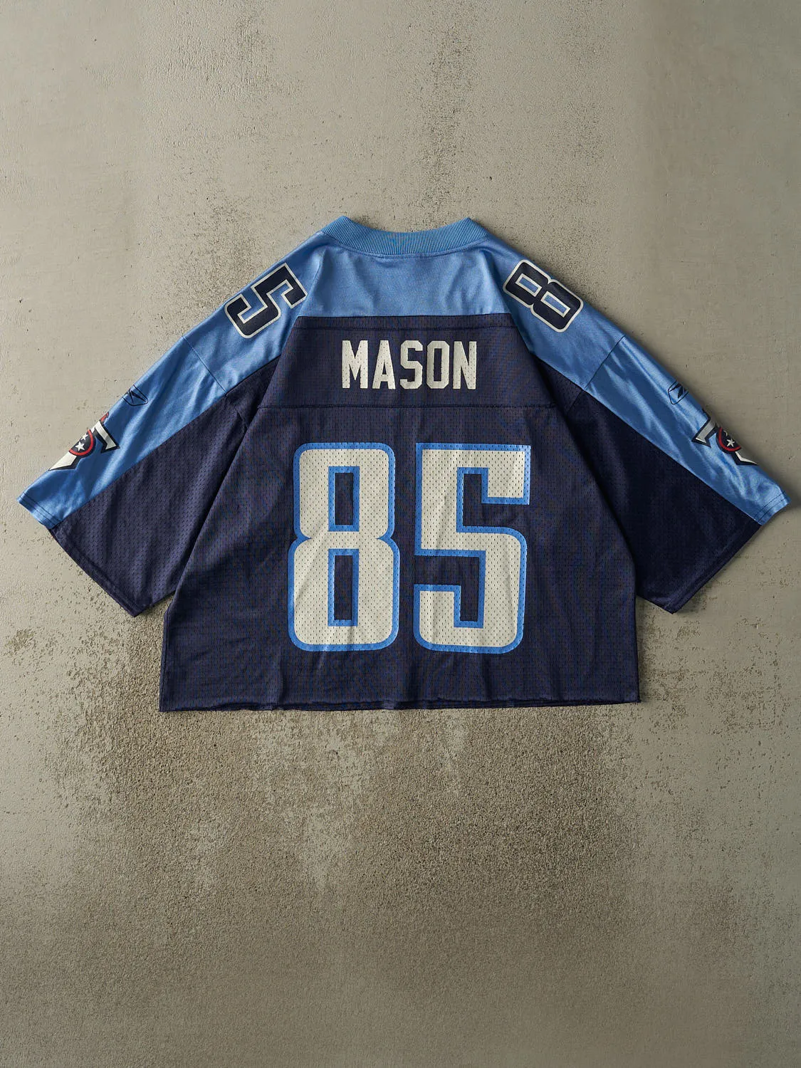 Vintage 90s Navy Tennessee Titans Derrick Mason #85 Signed Cropped Football Jersey (L) sold by Rebalance Vintage product image thumbnail 2