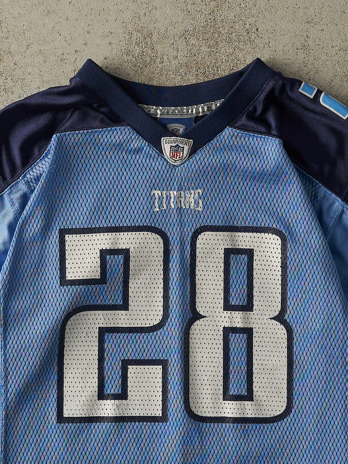 Vintage Y2K Blue Tennessee Titans #28 Chris Johnson Cropped Football Jersey (S/M) sold by Rebalance Vintage product image thumbnail 3