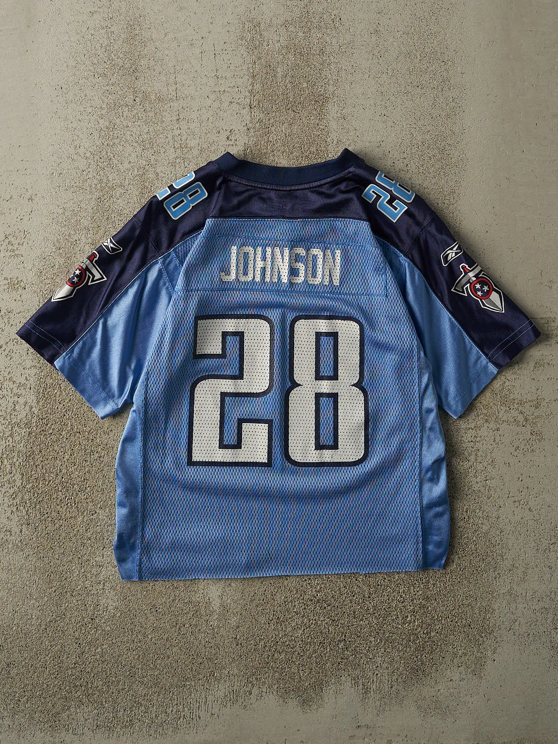 Vintage Y2K Blue Tennessee Titans #28 Chris Johnson Cropped Football Jersey (S/M) sold by Rebalance Vintage product image thumbnail 2