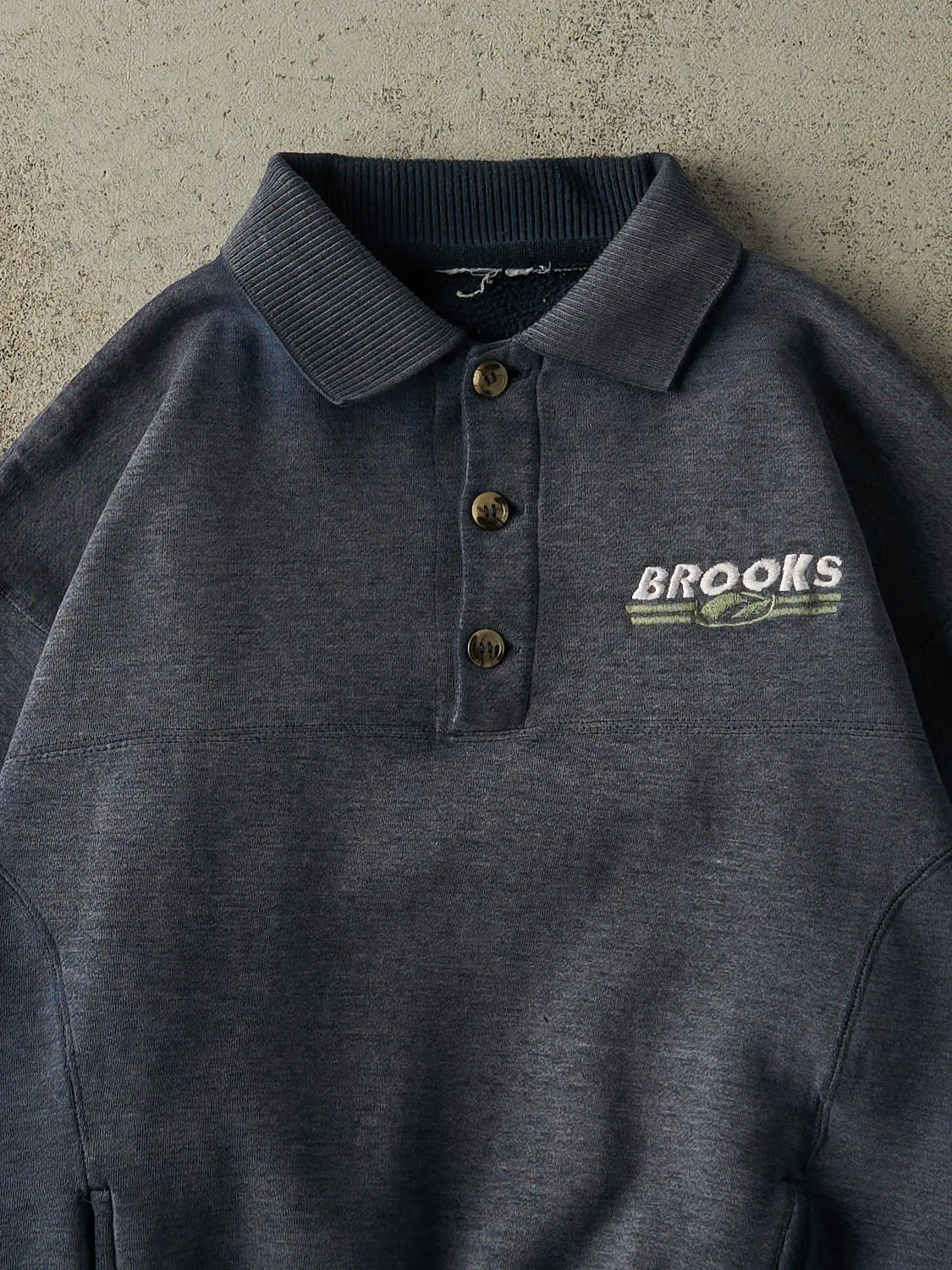 Vintage 90s Sun Faded Navy Brooks Embroidered Quarter Button Sweater (M) sold by Rebalance Vintage product image thumbnail 2