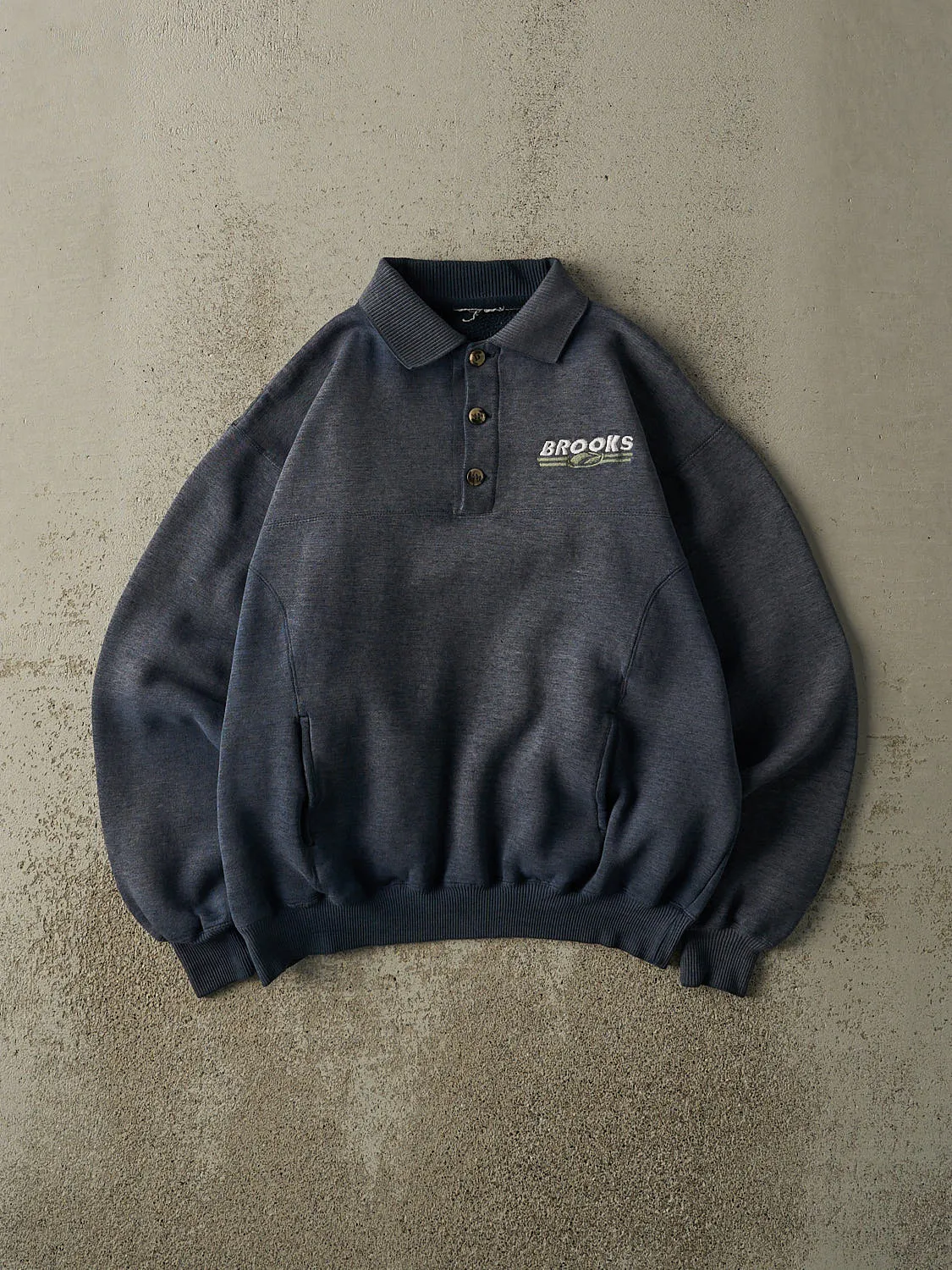 Vintage 90s Sun Faded Navy Brooks Embroidered Quarter Button Sweater (M) sold by Rebalance Vintage