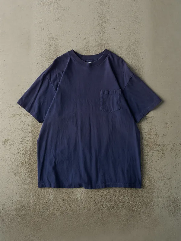 Vintage 80s Navy Blue Blank Pocket Single Stitch Tee (L) sold by Rebalance Vintage