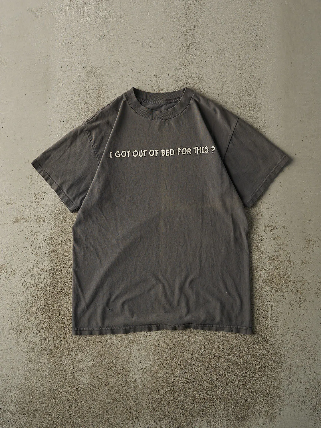 Vintage Y2K Charcoal Grey "I Got Out Of Bed For This?" Slogan Tee (S/M) sold by Rebalance Vintage