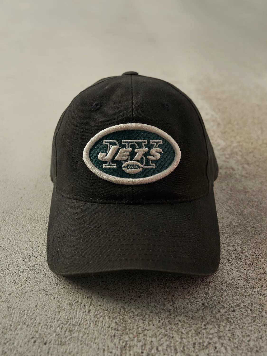 Vintage Y2K Faded Black New York Jets Embroidered Strapback Hat sold by Rebalance Vintage