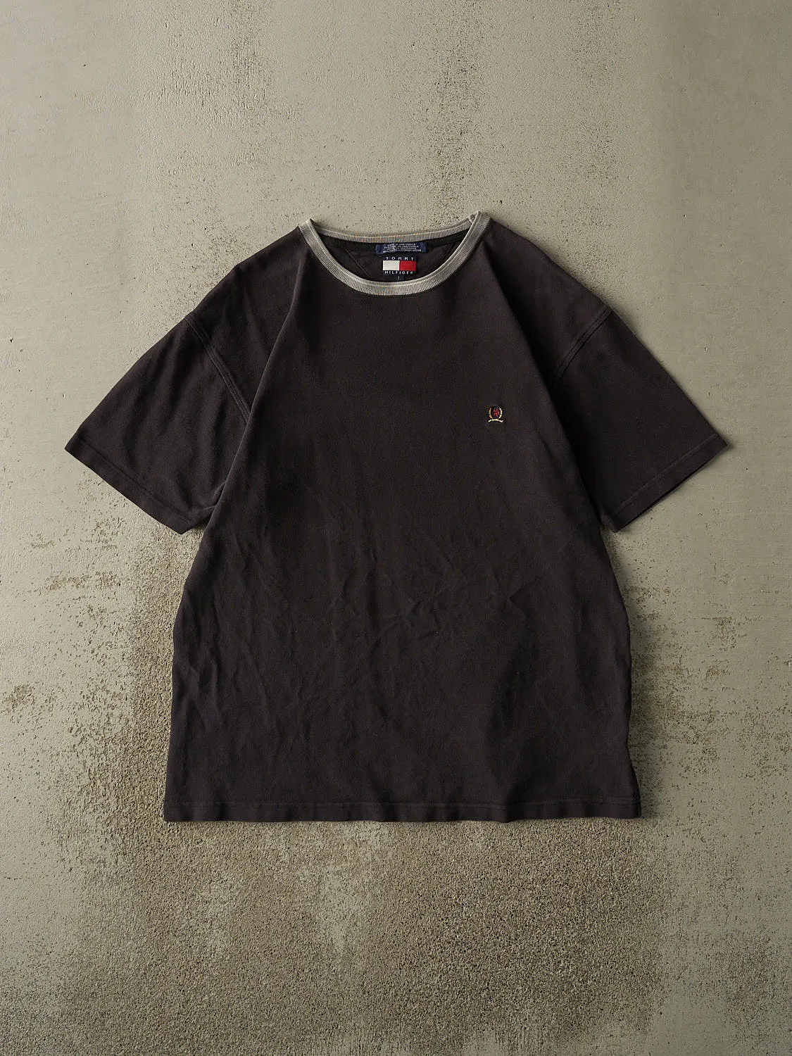 Vintage 90s Black Tommy Hilfiger Embroidered Textured Tee (L/XL) sold by Rebalance Vintage