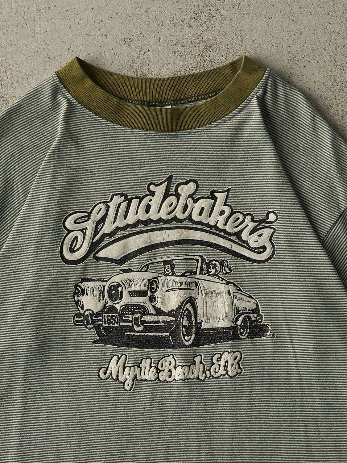 Vintage 90s Green Studebaker's Striped Tee (L/XL) sold by Rebalance Vintage product image thumbnail 2