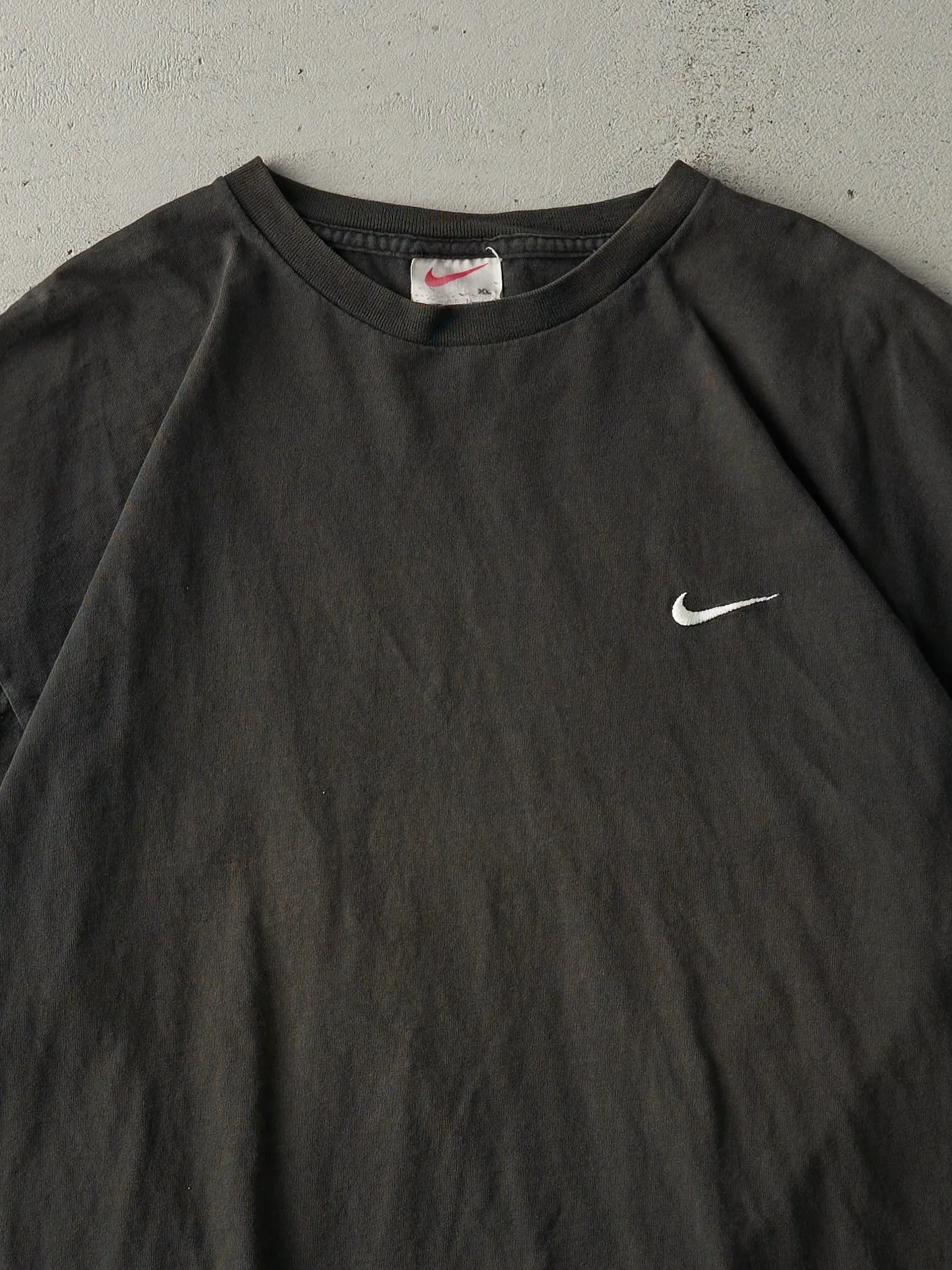 Vintage 90s Faded Black Embroidered Nike Swoosh Tee (L) sold by Rebalance Vintage product image thumbnail 2