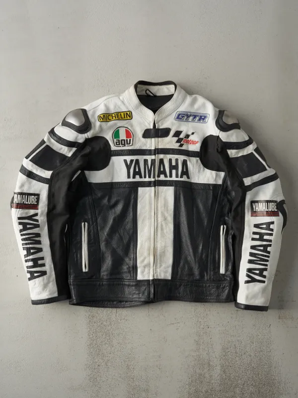 Vintage 90s Black and White Yamaha Leather Biker Jacket (M) sold by Rebalance Vintage