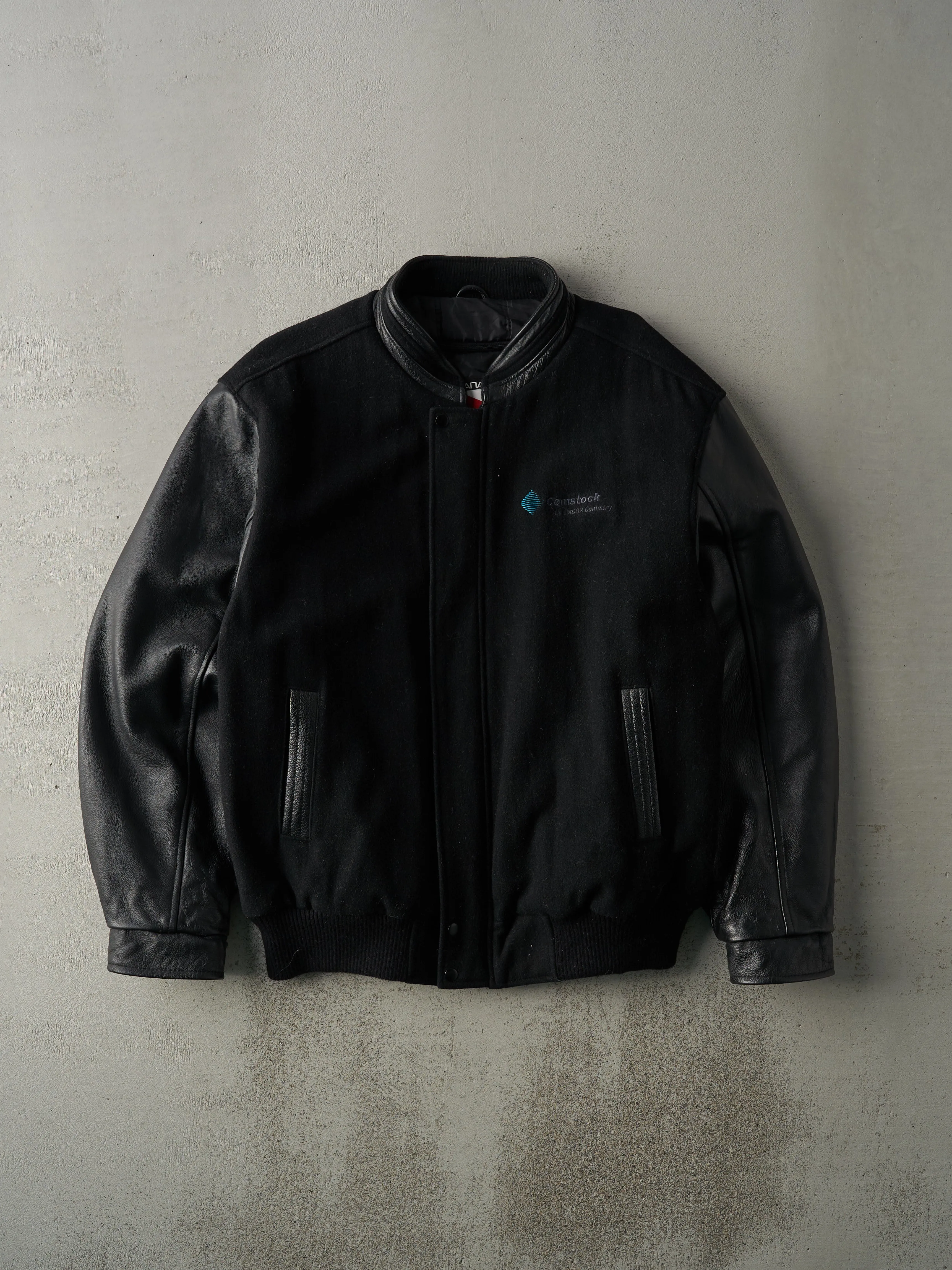 Vintage 90s Black Embroidered Wool and Leather Varsity Jacket (XL) sold by Rebalance Vintage