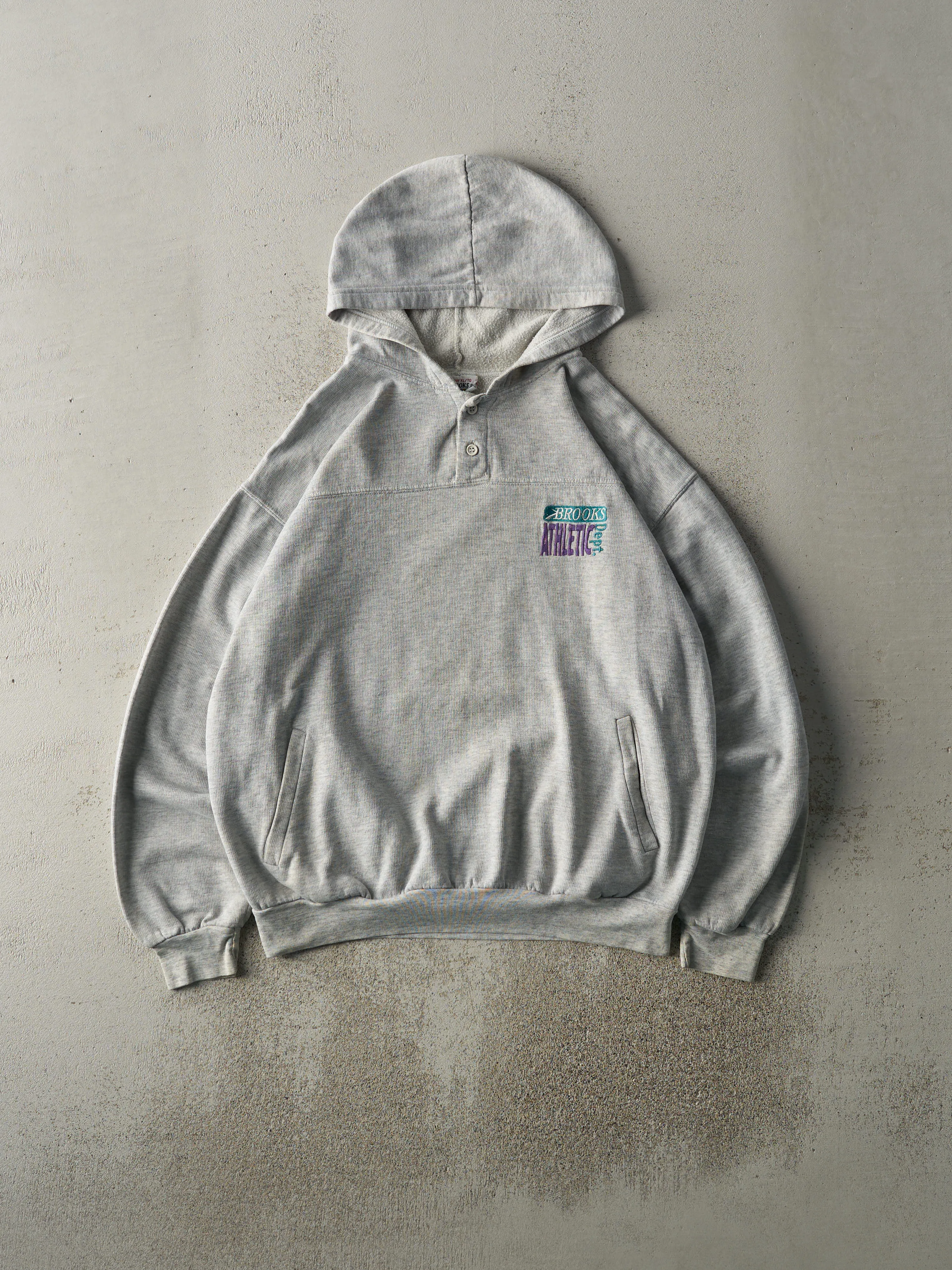 Vintage 90s Heather Grey Brooks Athletics Quarter Button Hoodie (L) sold by Rebalance Vintage