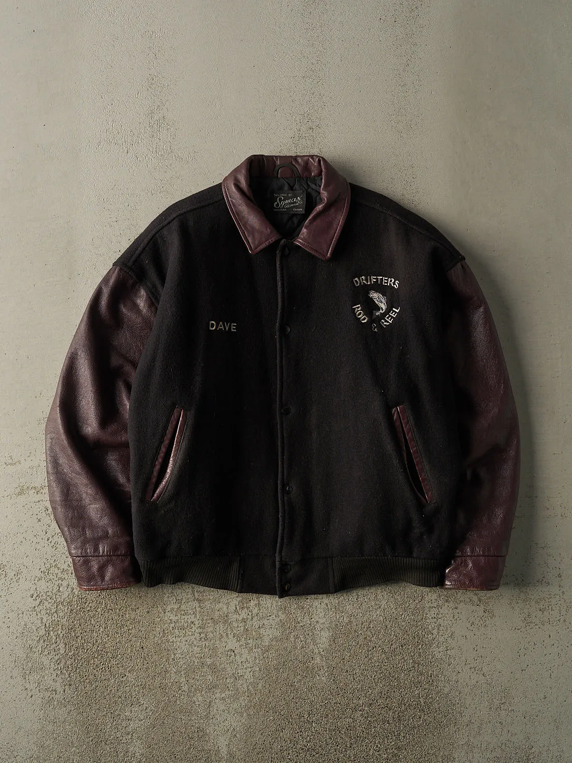 Vintage 90s Black & Burgundy Embroidered Varsity Jacket (L/XL) sold by Rebalance Vintage