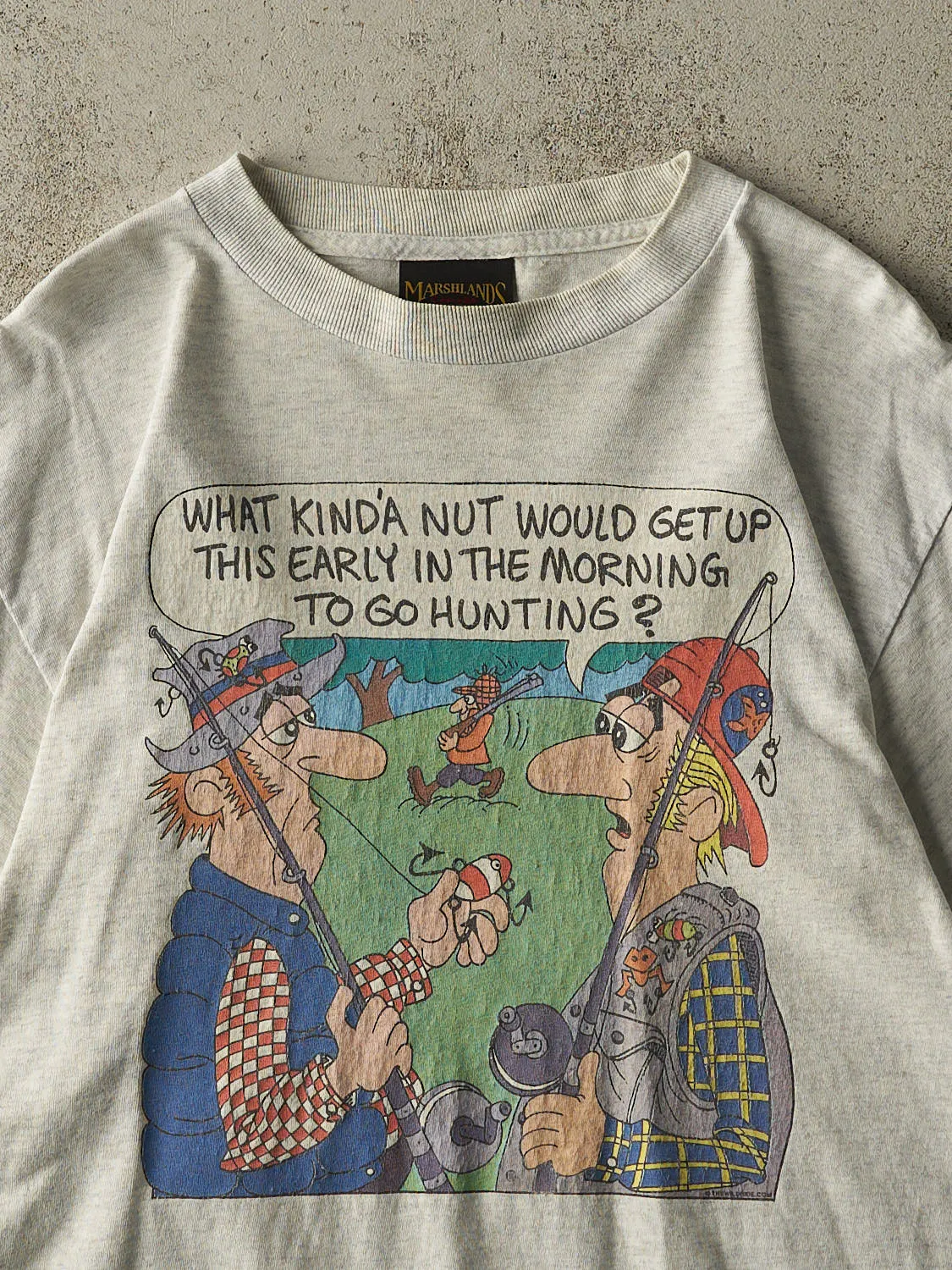 Vintage 90s Heather Grey "To Go Hunting?" Fishing Slogan Tee (S/M) sold by Rebalance Vintage product image thumbnail 2