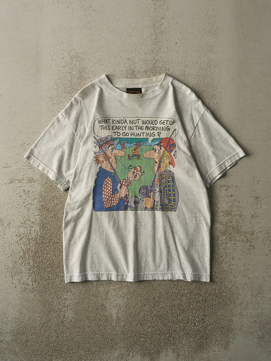 Vintage 90s Heather Grey "To Go Hunting?" Fishing Slogan Tee (S/M) sold by Rebalance Vintage