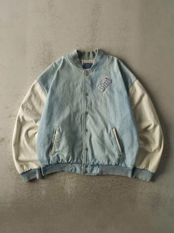 Vintage 90s Light Wash Labatt Blue Embroidered Varsity Bomber Jacket (L/XL) sold by Rebalance Vintage